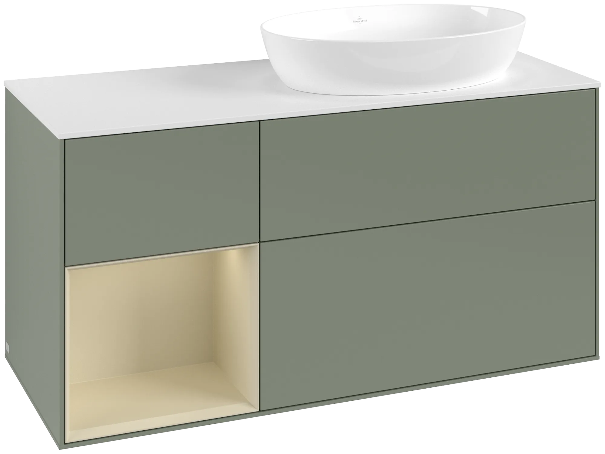 Picture of VILLEROY BOCH Finion Vanity unit, with lighting, 3 pull-out compartments, 1200 x 603 x 501 mm, Olive Matt Lacquer / Silk Grey Matt Lacquer / Glass White Matt #GA41HJGM