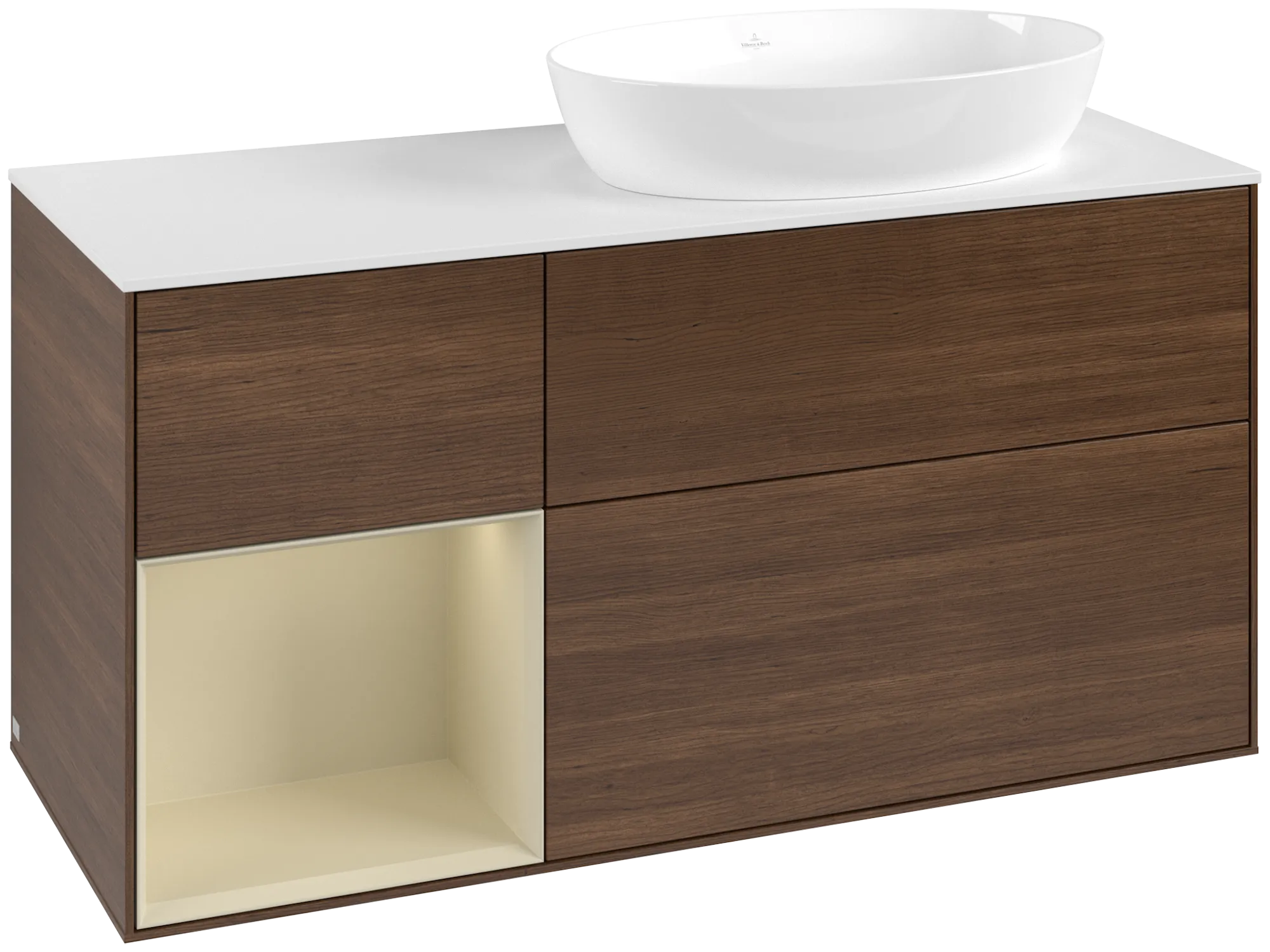 Picture of VILLEROY BOCH Finion Vanity unit, with lighting, 3 pull-out compartments, 1200 x 603 x 501 mm, Walnut Veneer / Silk Grey Matt Lacquer / Glass White Matt #GA41HJGN