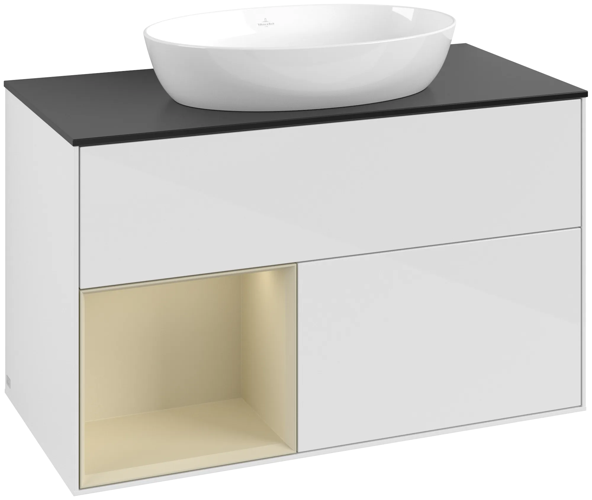 VILLEROY BOCH Finion Vanity unit, with lighting, 2 pull-out compartments, 1000 x 603 x 501 mm, Glossy White Lacquer / Silk Grey Matt Lacquer / Glass Black Matt #GA12HJGF resmi