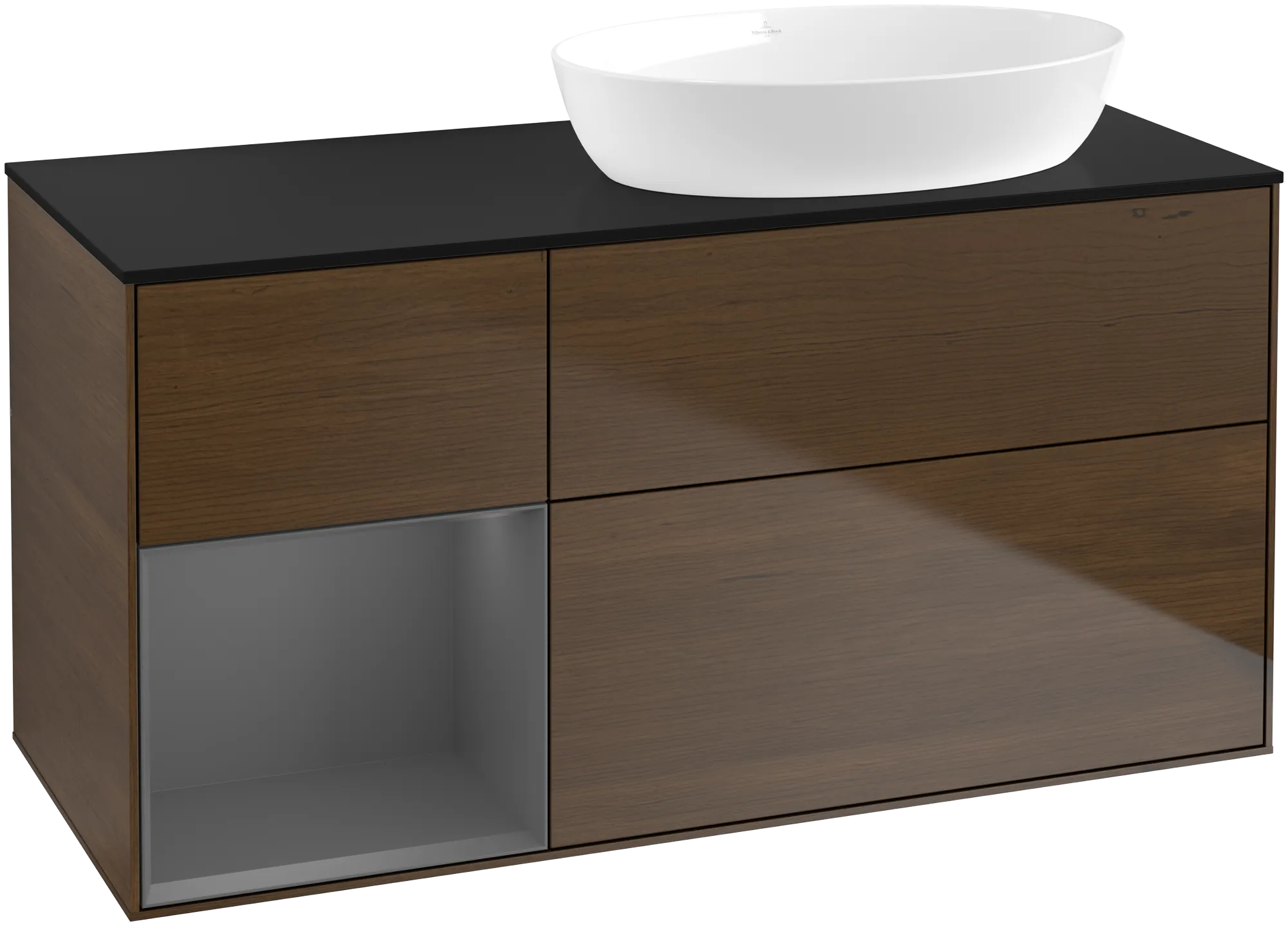 Picture of VILLEROY BOCH Finion Vanity unit, with lighting, 3 pull-out compartments, 1200 x 603 x 501 mm, Walnut Veneer / Anthracite Matt Lacquer / Glass Black Matt #GA42GKGN