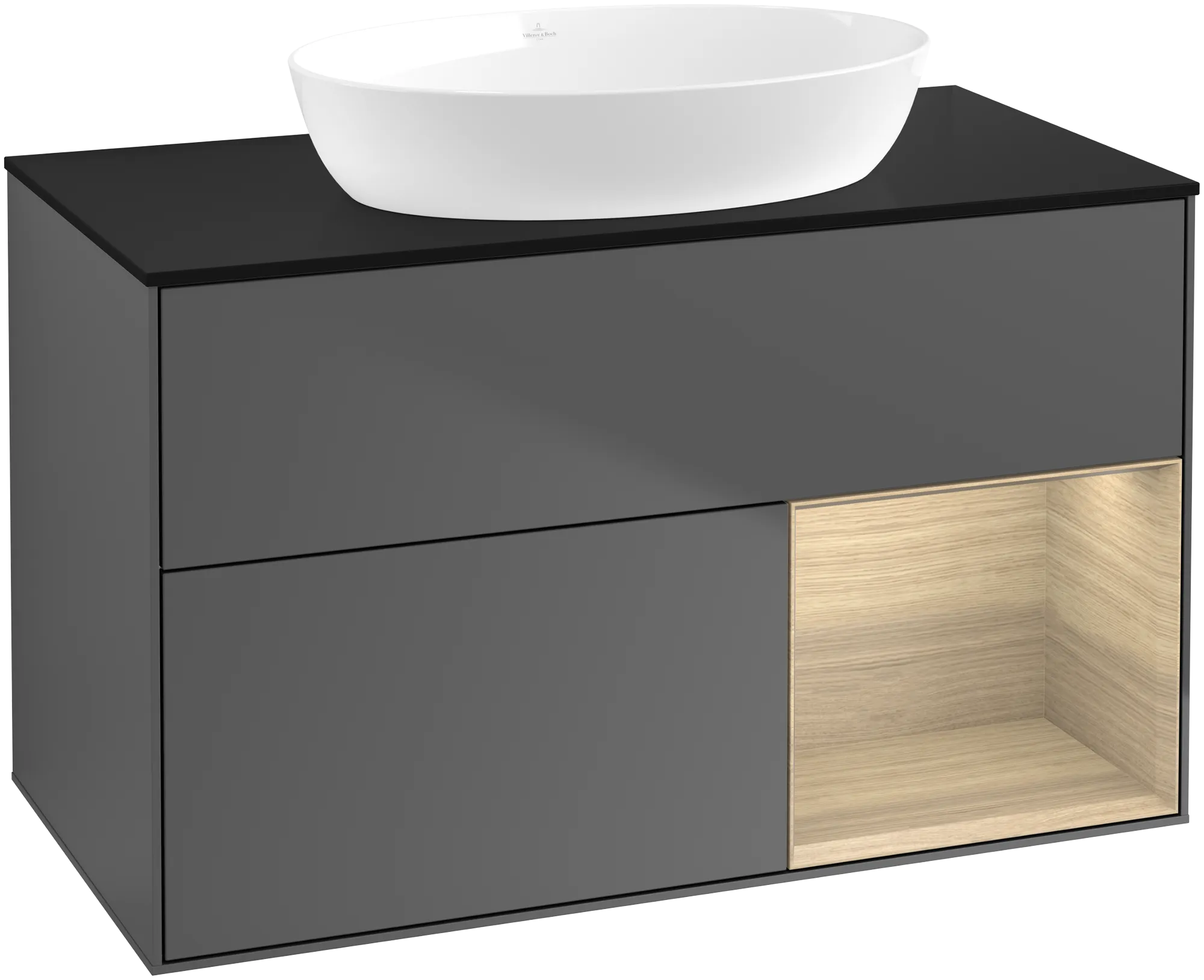 Picture of VILLEROY BOCH Finion Vanity unit, with lighting, 2 pull-out compartments, 1000 x 603 x 501 mm, Anthracite Matt Lacquer / Oak Veneer / Glass Black Matt #GA22PCGK
