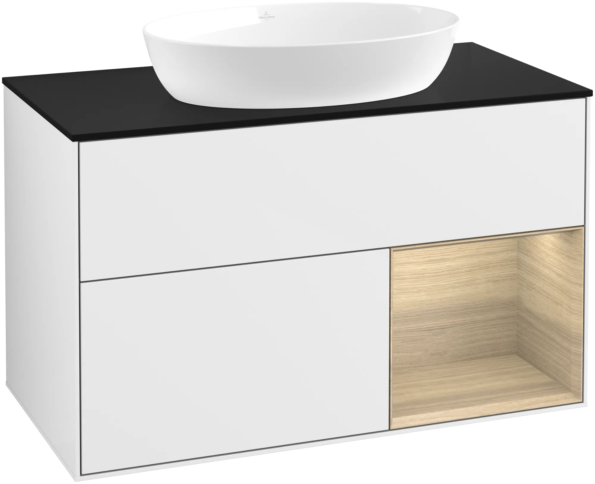 Picture of VILLEROY BOCH Finion Vanity unit, with lighting, 2 pull-out compartments, 1000 x 603 x 501 mm, Glossy White Lacquer / Oak Veneer / Glass Black Matt #GA22PCGF