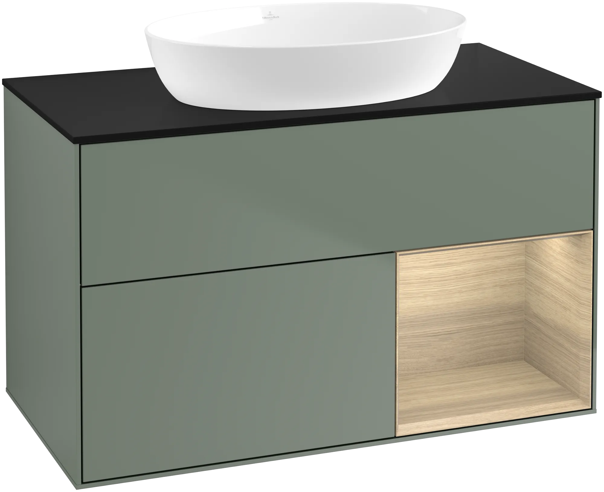 Picture of VILLEROY BOCH Finion Vanity unit, with lighting, 2 pull-out compartments, 1000 x 603 x 501 mm, Olive Matt Lacquer / Oak Veneer / Glass Black Matt #GA22PCGM