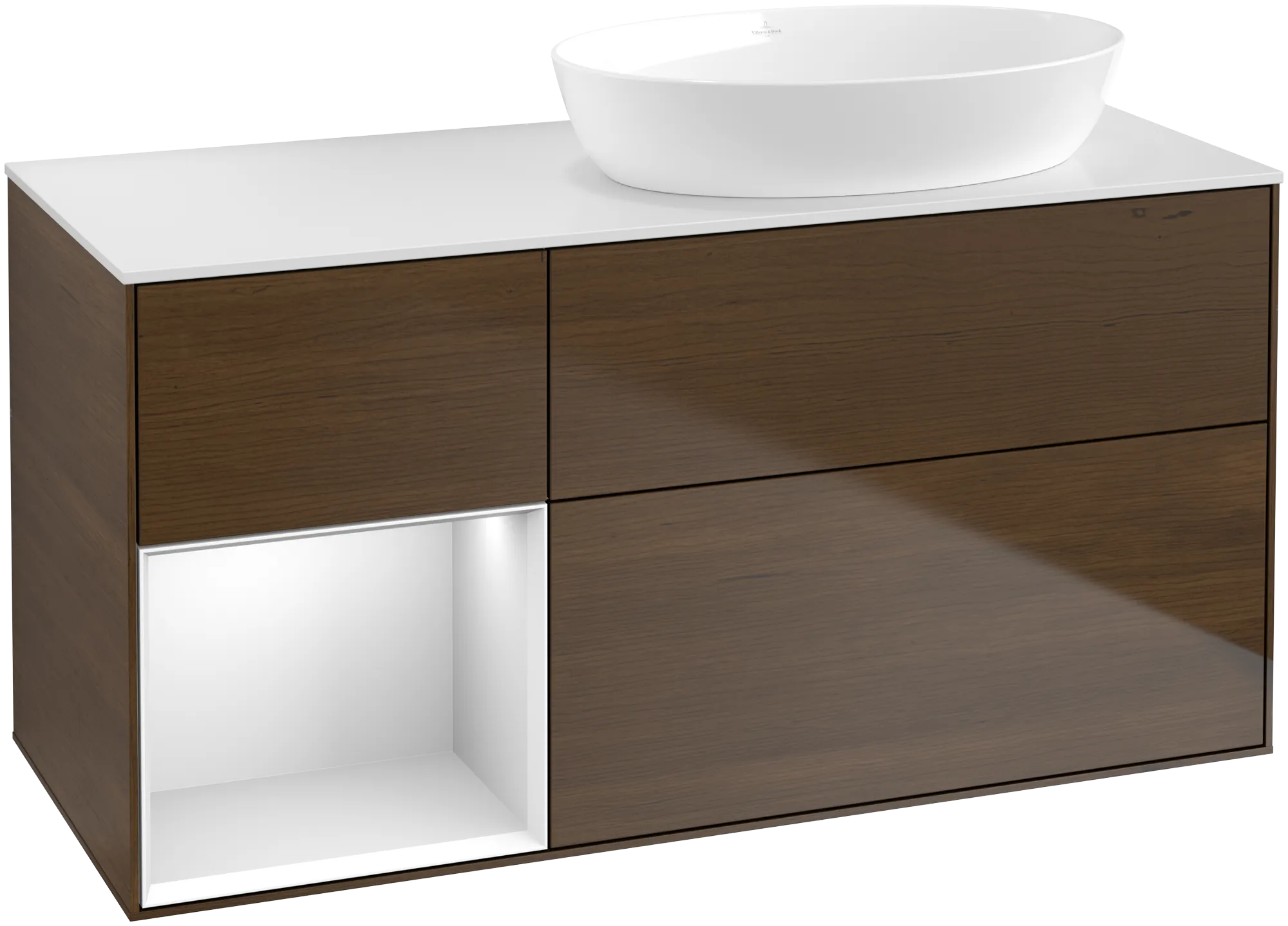 Picture of VILLEROY BOCH Finion Vanity unit, with lighting, 3 pull-out compartments, 1200 x 603 x 501 mm, Walnut Veneer / White Matt Lacquer / Glass White Matt #GA41MTGN