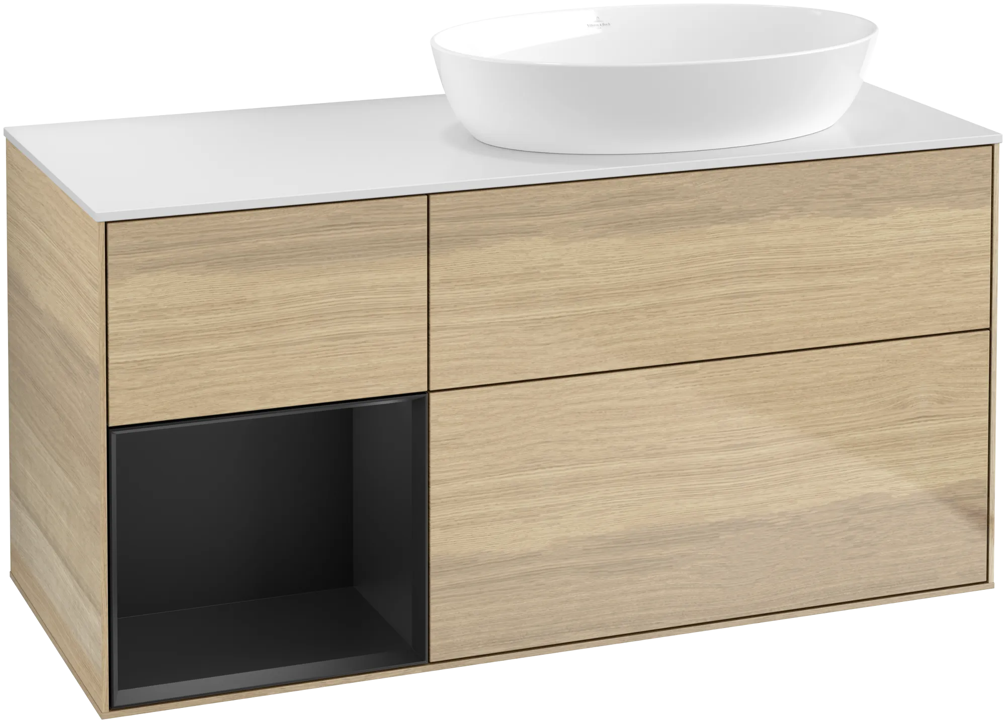 Picture of VILLEROY BOCH Finion Vanity unit, with lighting, 3 pull-out compartments, 1200 x 603 x 501 mm, Oak Veneer / Black Matt Lacquer / Glass White Matt #GA41PDPC