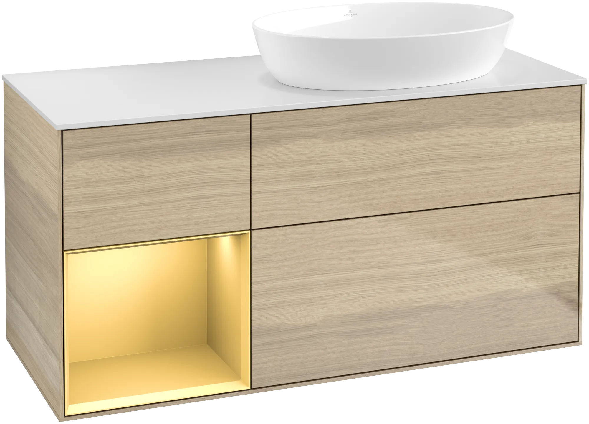 Picture of VILLEROY BOCH Finion Vanity unit, with lighting, 3 pull-out compartments, 1200 x 603 x 501 mm, Oak Veneer / Gold Matt Lacquer / Glass White Matt #GA41HFPC