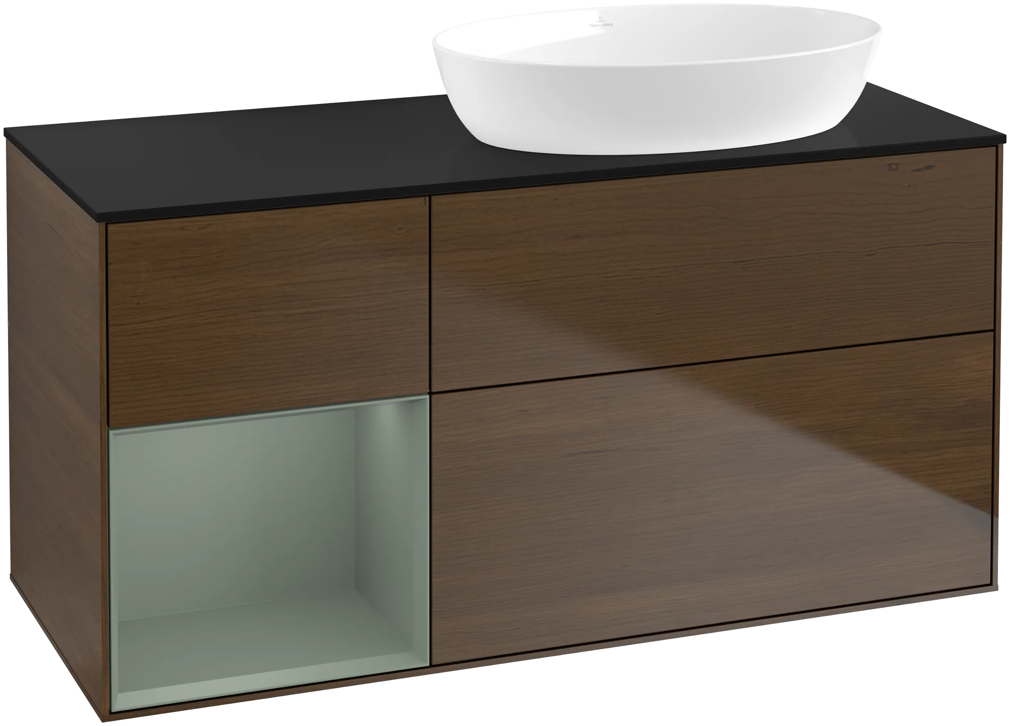 Picture of VILLEROY BOCH Finion Vanity unit, with lighting, 3 pull-out compartments, 1200 x 603 x 501 mm, Walnut Veneer / Olive Matt Lacquer / Glass Black Matt #GA42GMGN