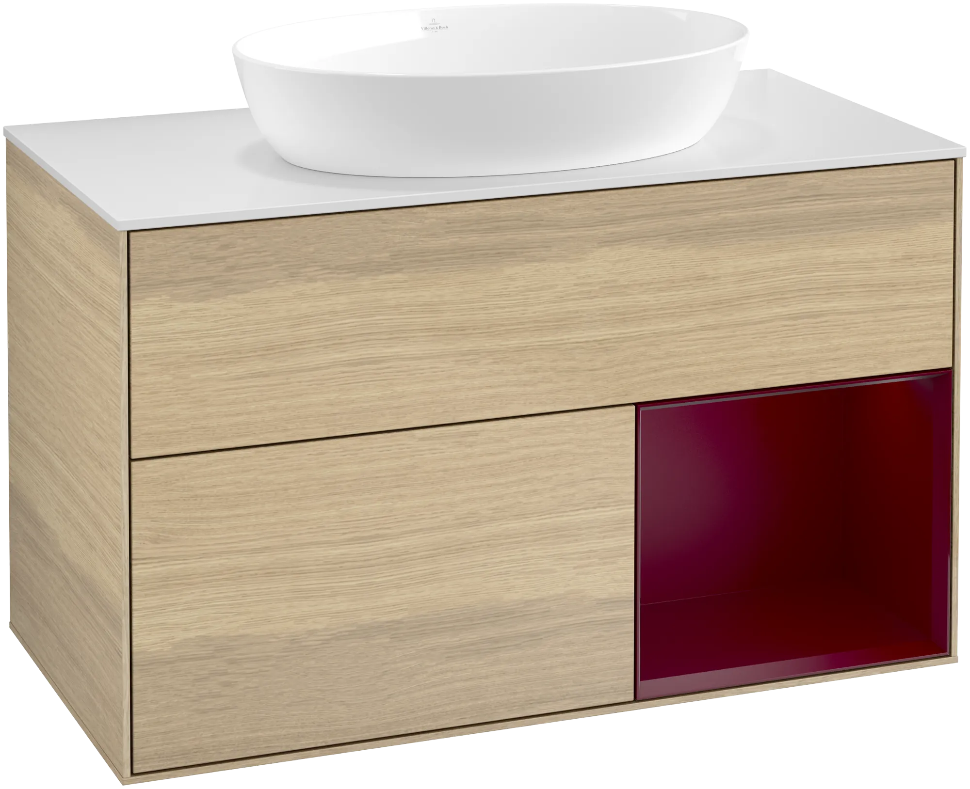Picture of VILLEROY BOCH Finion Vanity unit, with lighting, 2 pull-out compartments, 1000 x 603 x 501 mm, Oak Veneer / Peony Matt Lacquer / Glass White Matt #GA21HBPC