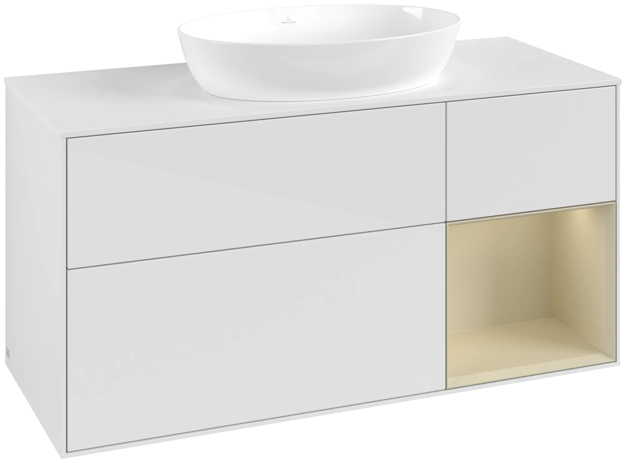 Obrázek VILLEROY BOCH Finion Vanity unit, with lighting, 3 pull-out compartments, 1200 x 603 x 501 mm, Glossy White Lacquer / Silk Grey Matt Lacquer / Glass White Matt #GA71HJGF