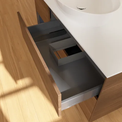 Bild von VILLEROY BOCH Finion Waschbeckenunterschrank, mit Beleuchtung, 3 Auszüge, 1200 x 603 x 501 mm, Walnut Veneer / Midnight Blue Matt Lacquer / Glass White Matt #GA61HGGN