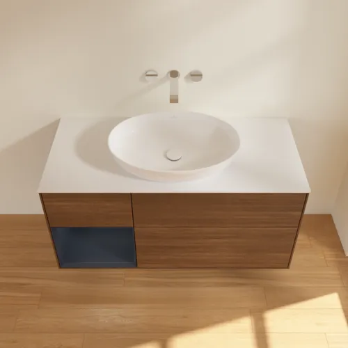 Bild von VILLEROY BOCH Finion Waschbeckenunterschrank, mit Beleuchtung, 3 Auszüge, 1200 x 603 x 501 mm, Walnut Veneer / Midnight Blue Matt Lacquer / Glass White Matt #GA61HGGN