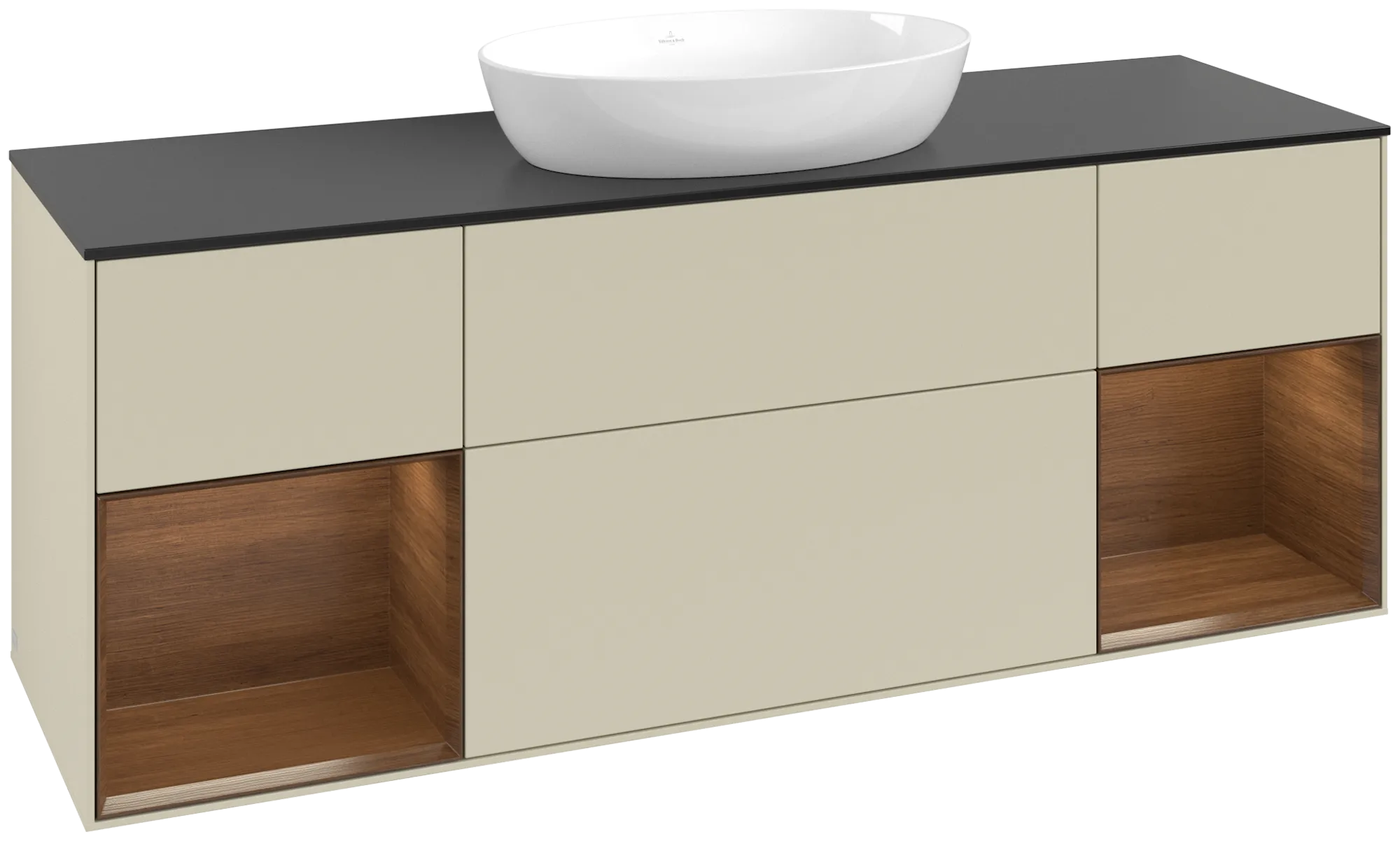 Picture of VILLEROY BOCH Finion Vanity unit, with lighting, 4 pull-out compartments, 1600 x 603 x 501 mm, Silk Grey Matt Lacquer / Walnut Veneer / Glass Black Matt #GD02GNHJ