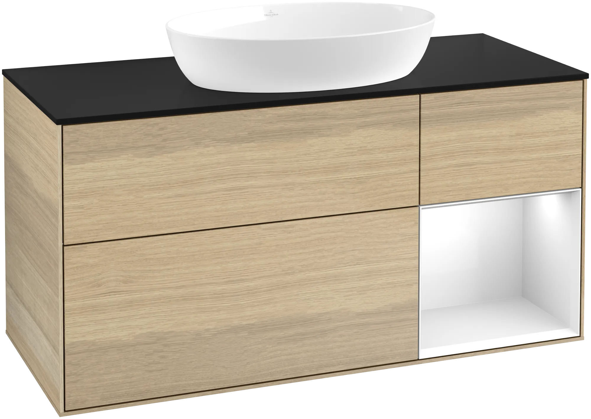Obrázek VILLEROY BOCH Finion Vanity unit, with lighting, 3 pull-out compartments, 1200 x 603 x 501 mm, Oak Veneer / Glossy White Lacquer / Glass Black Matt #GA72GFPC