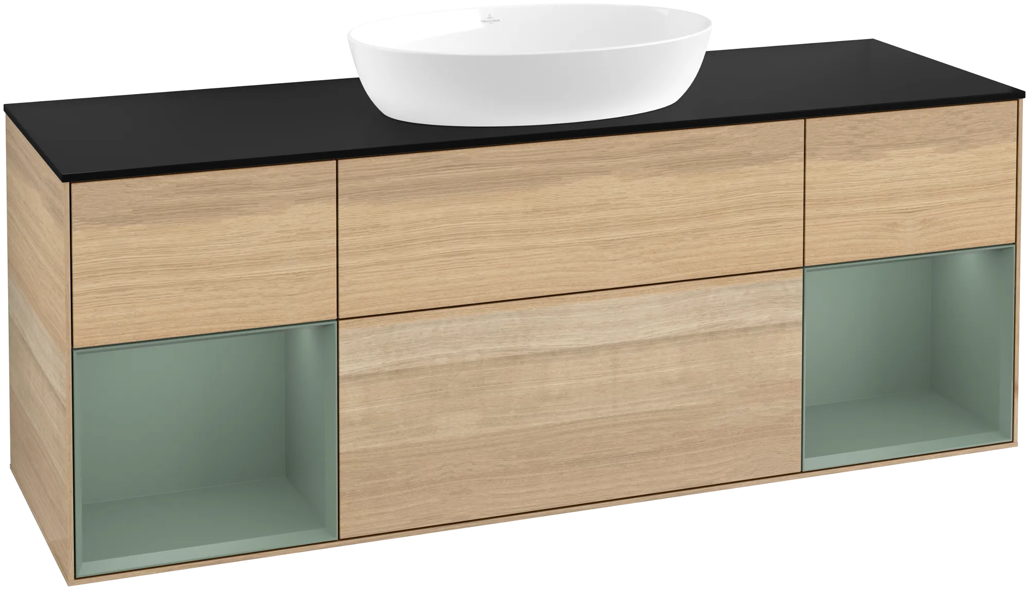 Picture of VILLEROY BOCH Finion Vanity unit, with lighting, 4 pull-out compartments, 1600 x 603 x 501 mm, Oak Veneer / Olive Matt Lacquer / Glass Black Matt #GD02GMPC