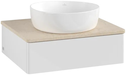 Obrázek VILLEROY BOCH Toaletní skříňka Antao, 1 zásuvka, 600 x 190 x 500 mm, přední strana bez konstrukce, lesklý bílý lak / Botticino #K07013GF