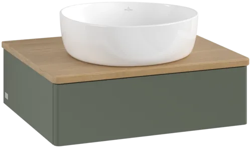 Obrázek VILLEROY BOCH Toaletní stolek Antao, 1 zásuvka, 600 x 190 x 500 mm, přední strana bez konstrukce, listově zelený matný lak / medový dub #K07011HL