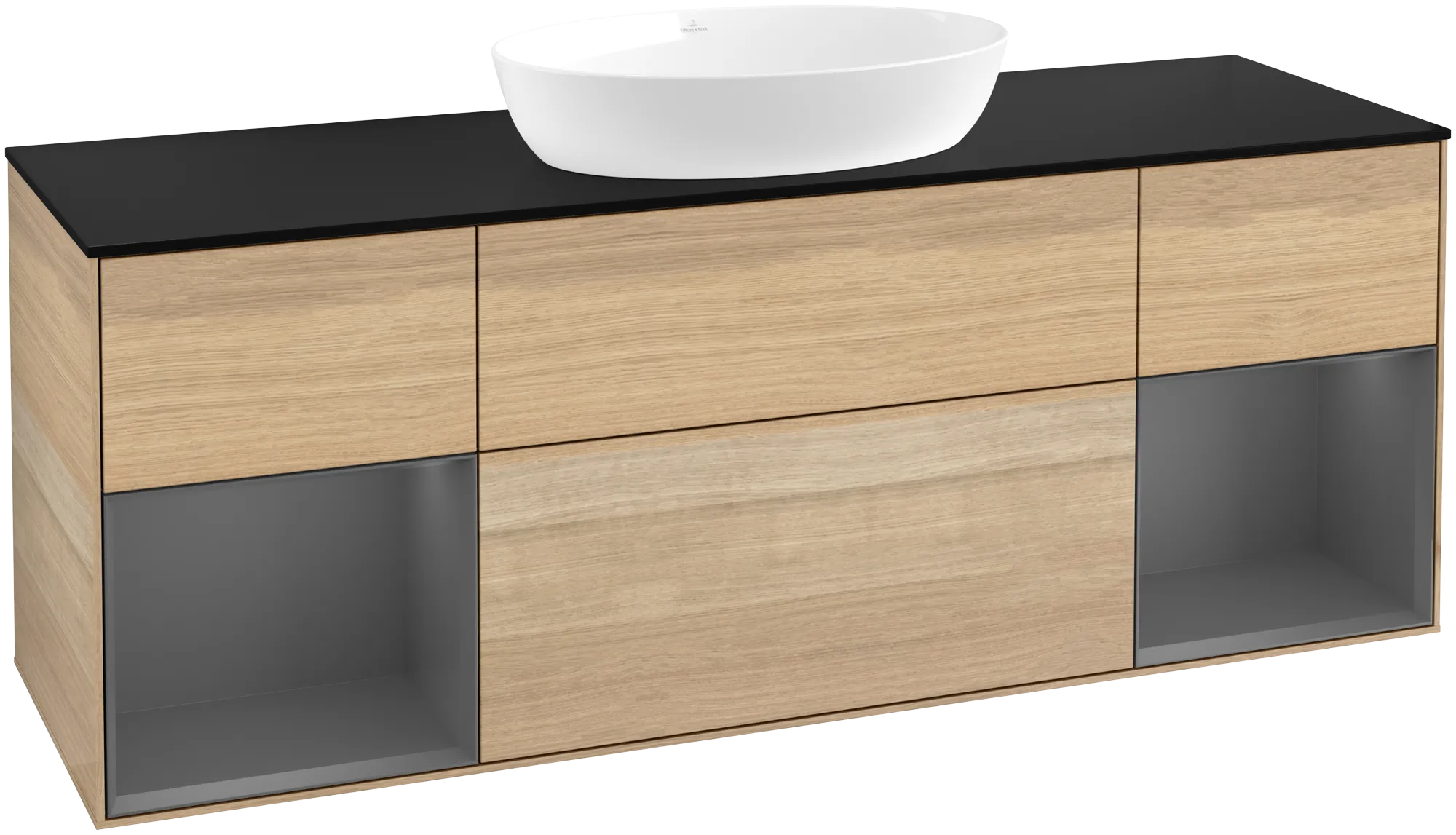 Picture of VILLEROY BOCH Finion Vanity unit, with lighting, 4 pull-out compartments, 1600 x 603 x 501 mm, Oak Veneer / Anthracite Matt Lacquer / Glass Black Matt #GD02GKPC