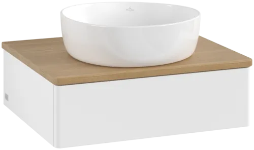 Obrázek VILLEROY BOCH Toaletní stolek Antao, 1 zásuvka, 600 x 190 x 500 mm, přední strana bez konstrukce, bílý matný lak / medový dub #K07011MT