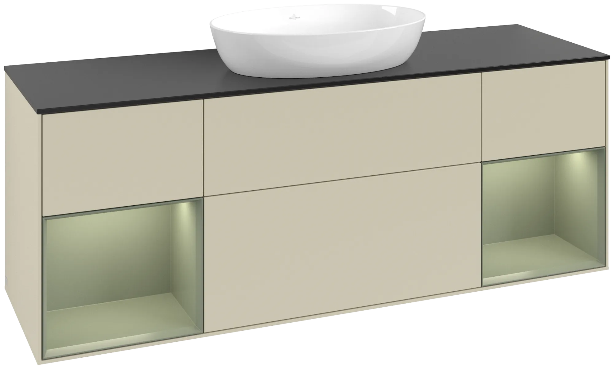 Picture of VILLEROY BOCH Finion Vanity unit, with lighting, 4 pull-out compartments, 1600 x 603 x 501 mm, Silk Grey Matt Lacquer / Olive Matt Lacquer / Glass Black Matt #GD02GMHJ