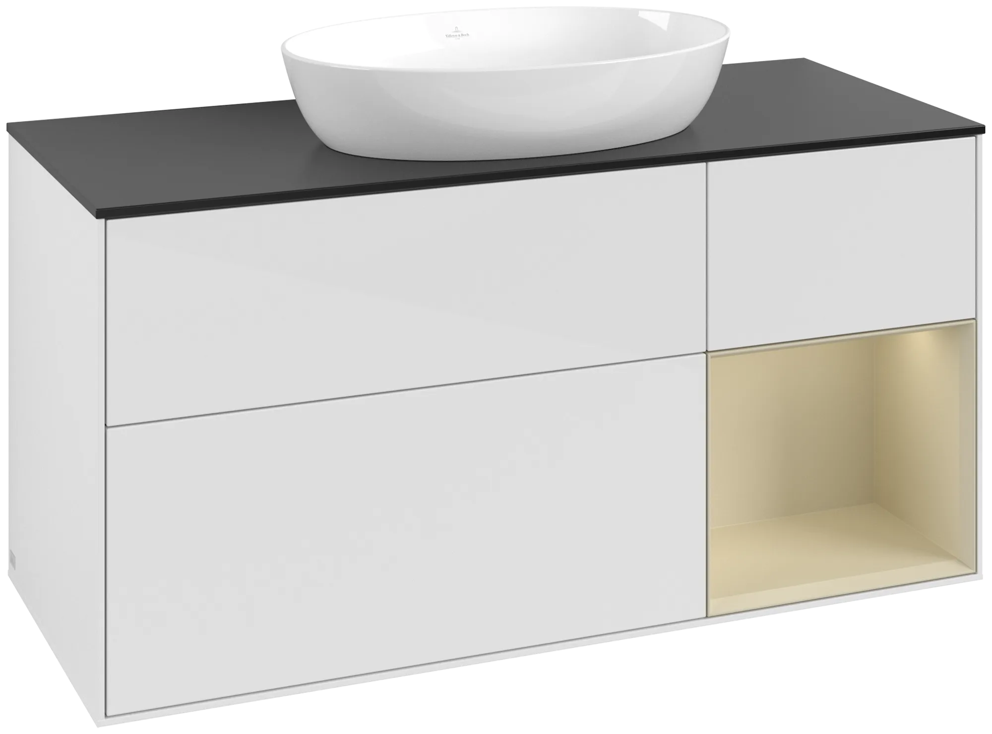 Obrázek VILLEROY BOCH Finion Vanity unit, with lighting, 3 pull-out compartments, 1200 x 603 x 501 mm, Glossy White Lacquer / Silk Grey Matt Lacquer / Glass Black Matt #GA72HJGF