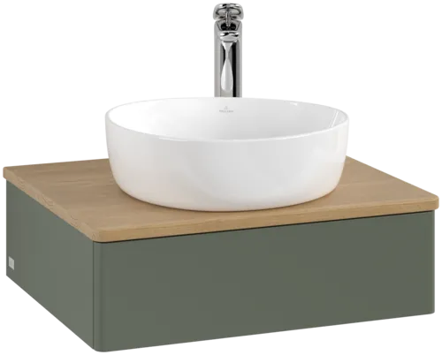 Obrázek VILLEROY BOCH Toaletní stolek Antao, 1 zásuvka, 600 x 190 x 500 mm, přední strana bez konstrukce, listově zelený matný lak / medový dub #K07051HL