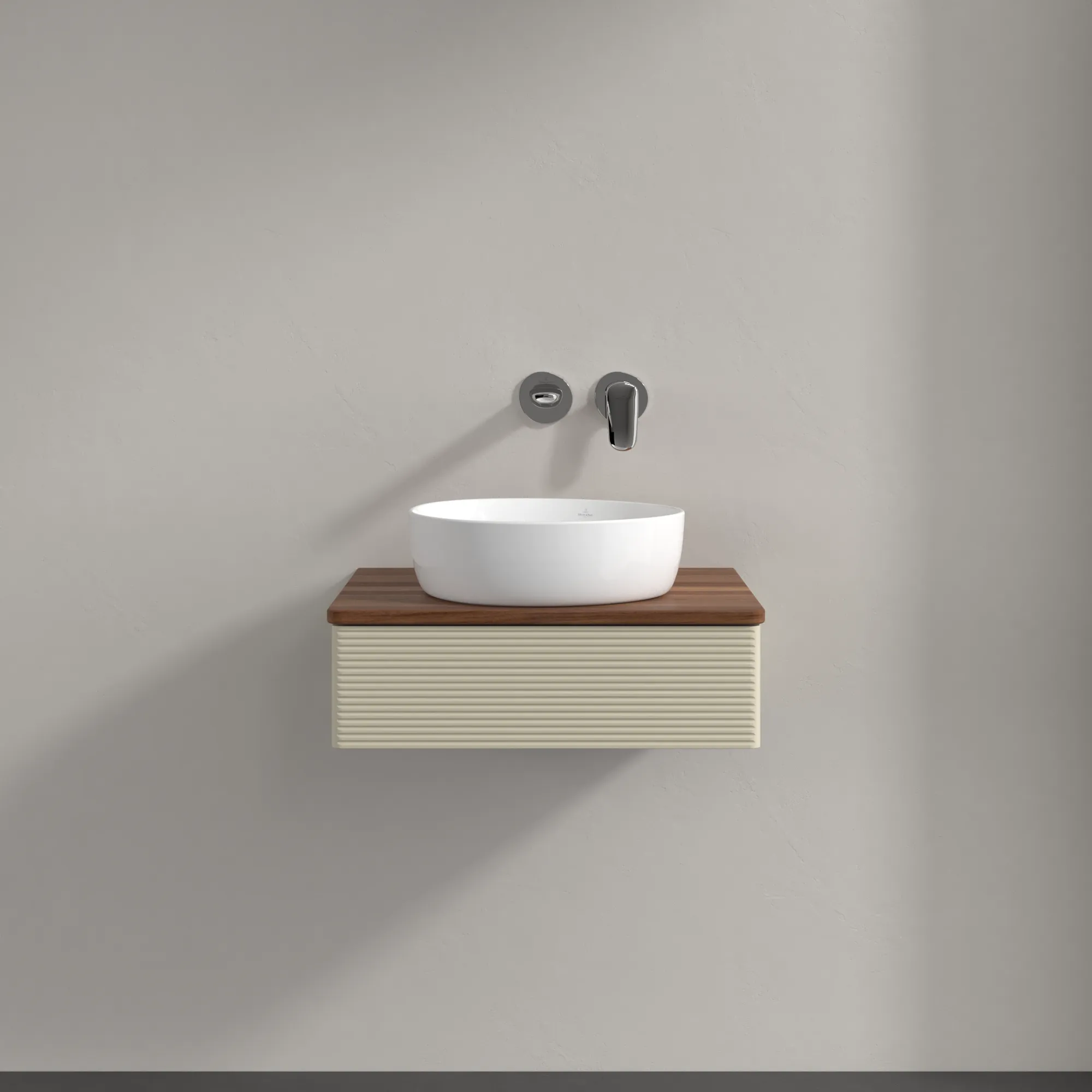 Obrázek VILLEROY BOCH Toaletní skříňka Antao, 1 zásuvka, 600 x 190 x 500 mm, přední strana s konstrukcí, hedvábně šedý matný lak / teplý ořech #K07112HJ