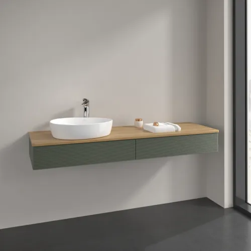Bild von VILLEROY BOCH Antao Waschbeckenunterschrank, 2 Auszüge, 1600 x 190 x 500 mm, Front mit Struktur, Leaf Green Matt Lacquer / Honey Oak #K15151HL