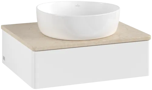 Obrázek VILLEROY BOCH Toaletní skříňka Antao, 1 zásuvka, 600 x 190 x 500 mm, přední strana bez konstrukce, bílý matný lak / Botticino #K07013MT