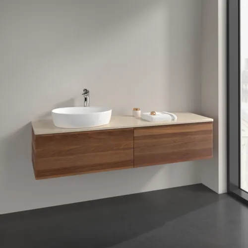 Bild von VILLEROY BOCH Antao Waschbeckenunterschrank, 2 Auszüge, 1600 x 360 x 500 mm, Front ohne Struktur, Warm Walnut / Botticino #K37053HM