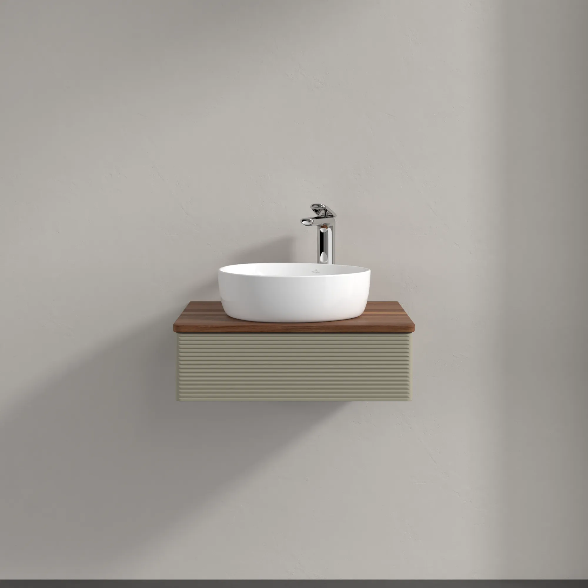 Picture of VILLEROY BOCH Antao Vanity unit, with lighting, 1 pull-out compartment, 600 x 190 x 500 mm, Front with grain texture, Stone Grey Matt Lacquer / Warm Walnut #L07152HK