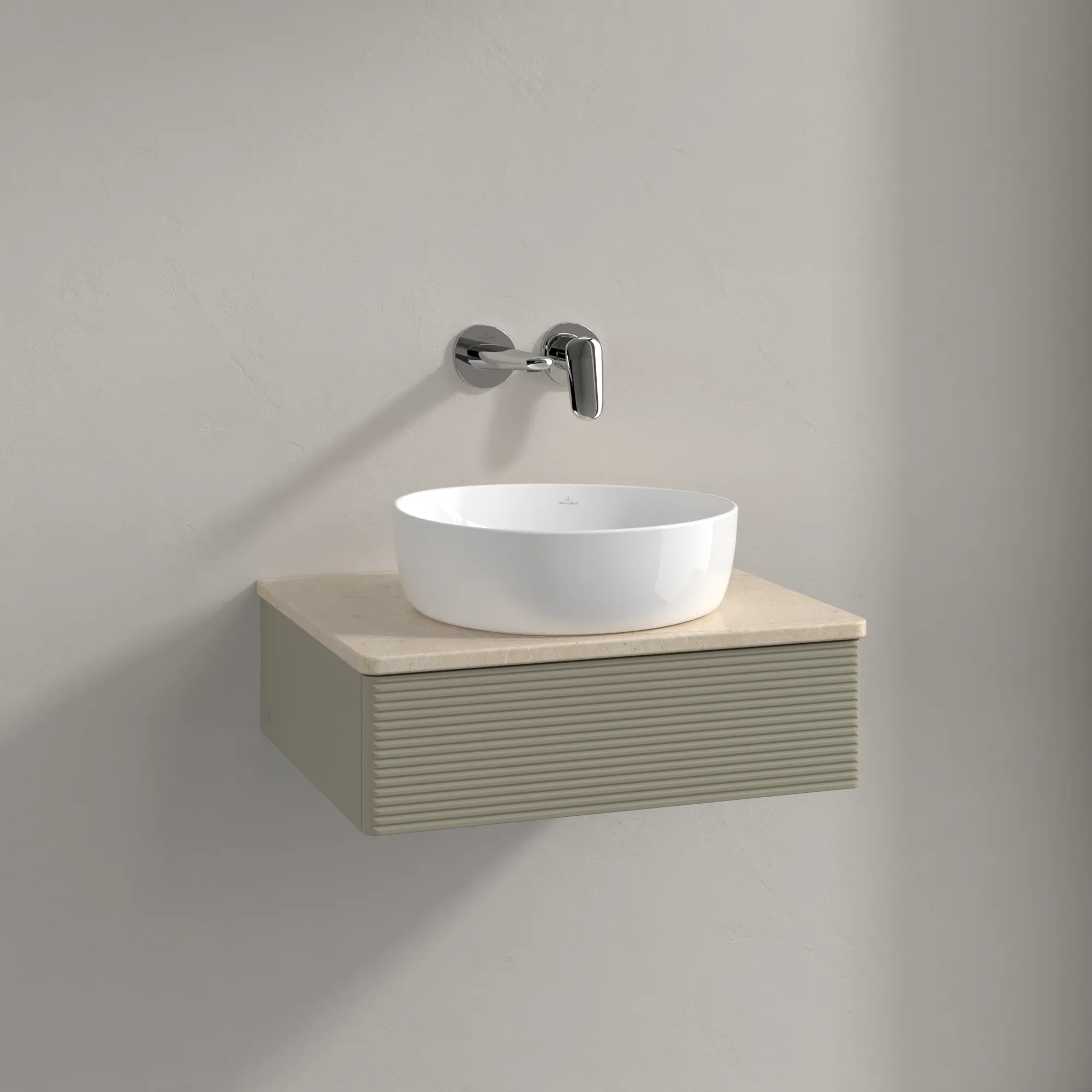 Picture of VILLEROY BOCH Antao Vanity unit, with lighting, 1 pull-out compartment, 600 x 190 x 500 mm, Front with grain texture, Stone Grey Matt Lacquer / Botticino #L07113HK