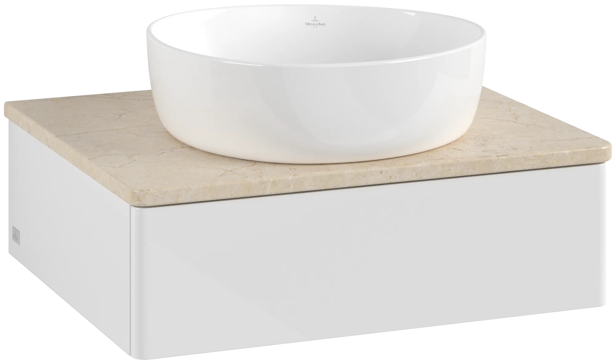 Picture of VILLEROY BOCH Antao Vanity unit, with lighting, 1 pull-out compartment, 600 x 190 x 500 mm, Front without structure, Glossy White Lacquer / Botticino #L07013GF