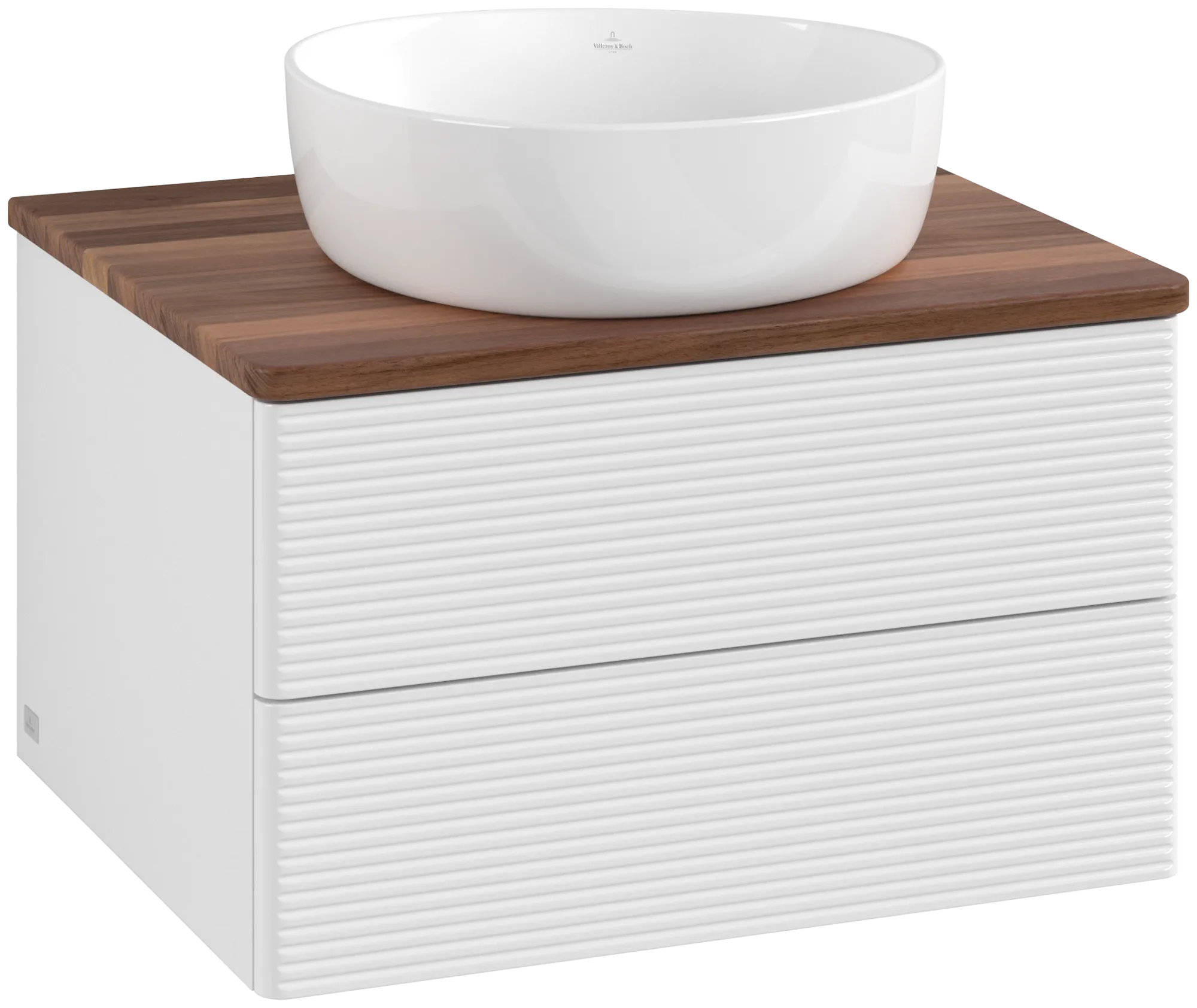 Зображення з  VILLEROY BOCH Antao Vanity unit, with lighting, 2 pull-out compartments, 600 x 360 x 500 mm, Front with grain texture, Glossy White Lacquer / Warm Walnut #L18112GF