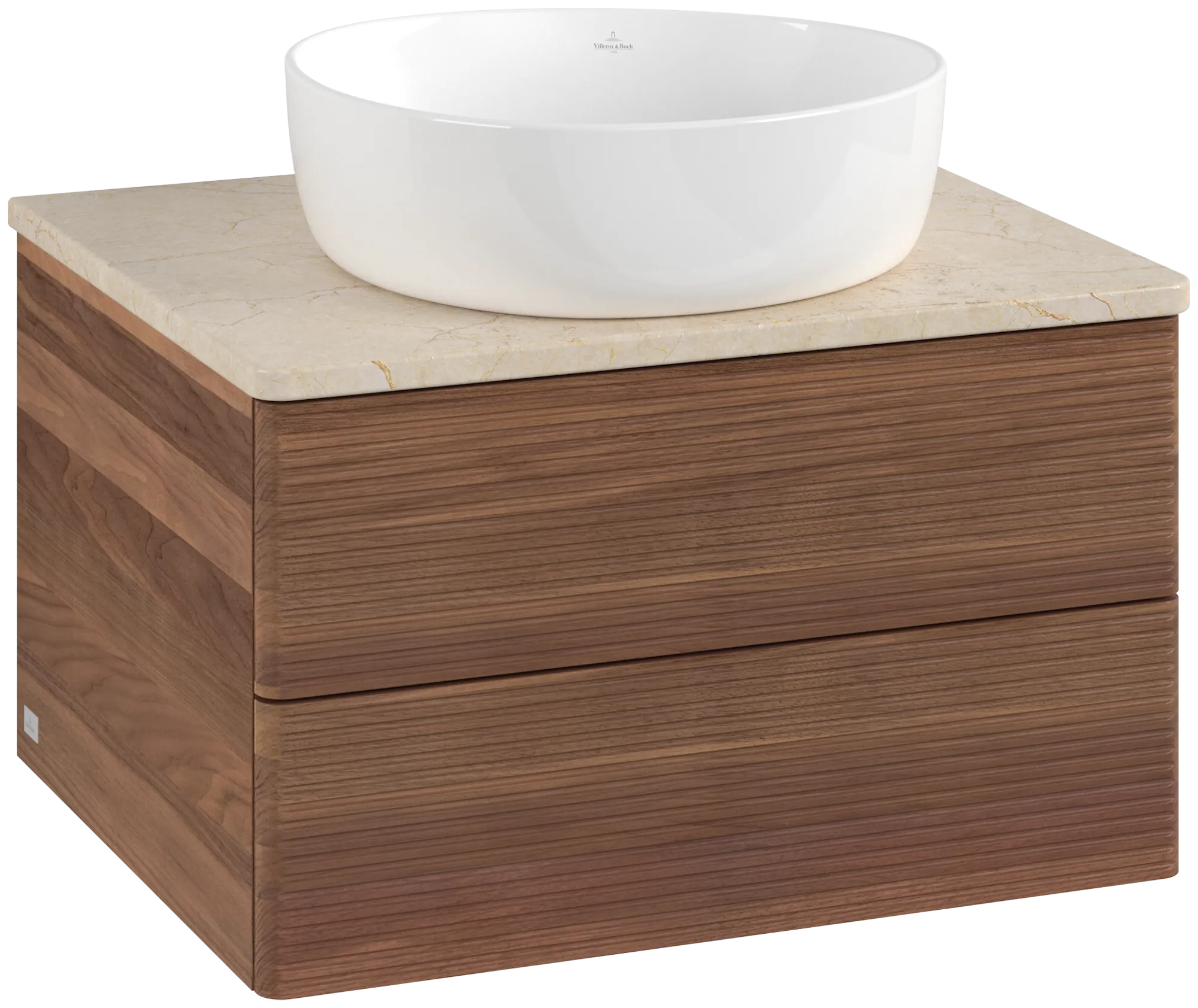 Picture of VILLEROY BOCH Antao Vanity unit, with lighting, 2 pull-out compartments, 600 x 360 x 500 mm, Front with grain texture, Warm Walnut / Botticino #L18113HM