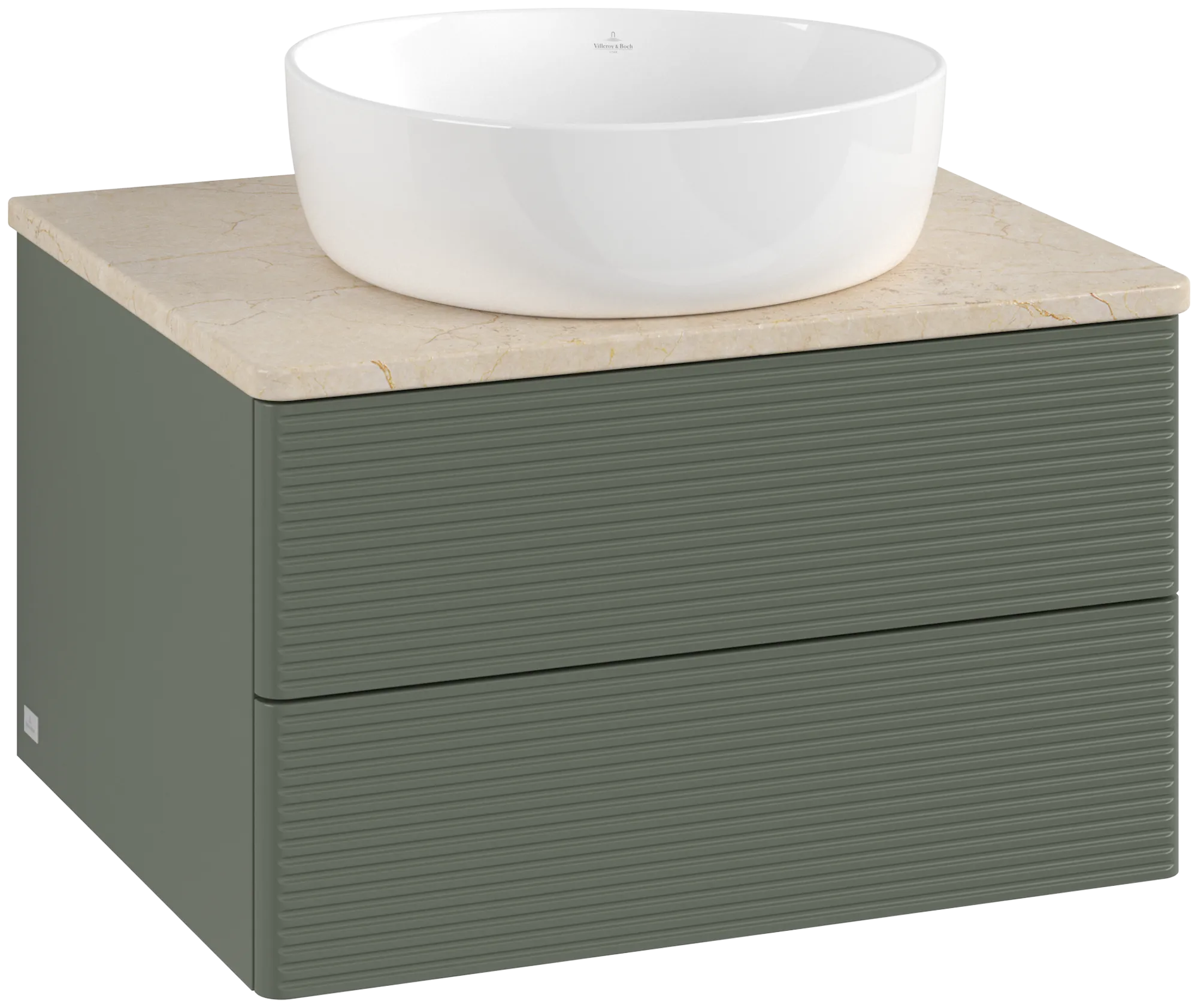 Picture of VILLEROY BOCH Antao Vanity unit, with lighting, 2 pull-out compartments, 600 x 360 x 500 mm, Front with grain texture, Leaf Green Matt Lacquer / Botticino #L18113HL
