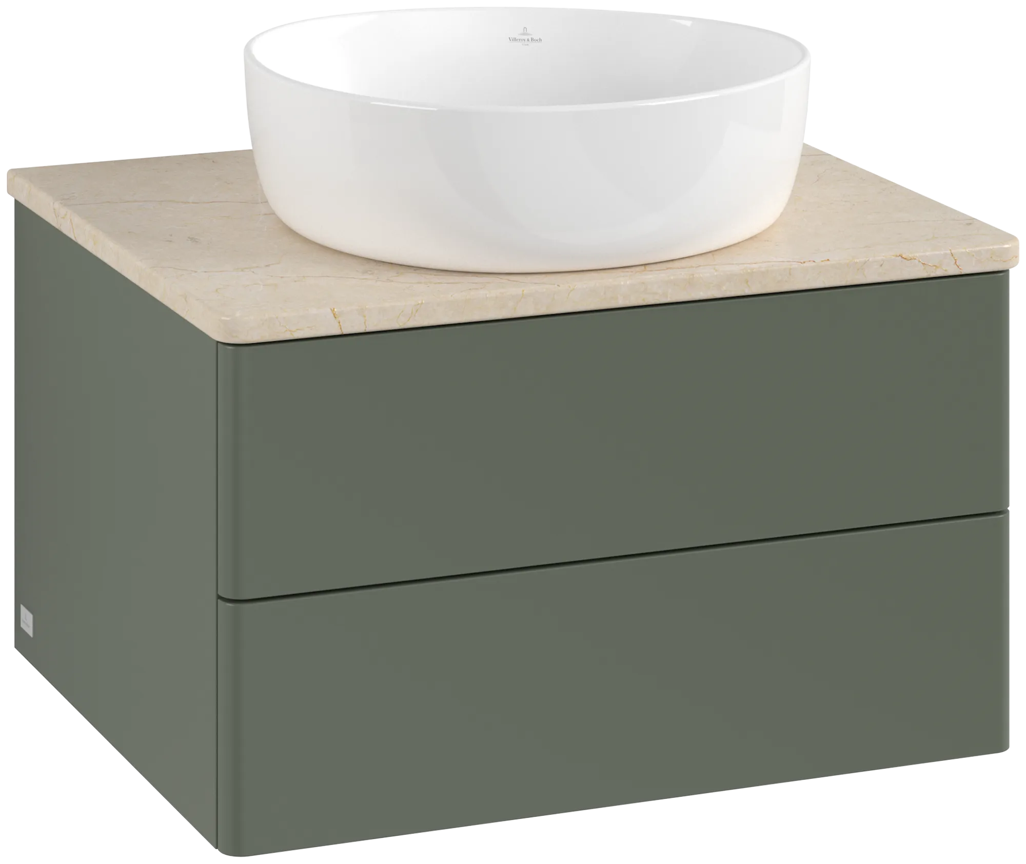 Picture of VILLEROY BOCH Antao Vanity unit, with lighting, 2 pull-out compartments, 600 x 360 x 500 mm, Front without structure, Leaf Green Matt Lacquer / Botticino #L18013HL