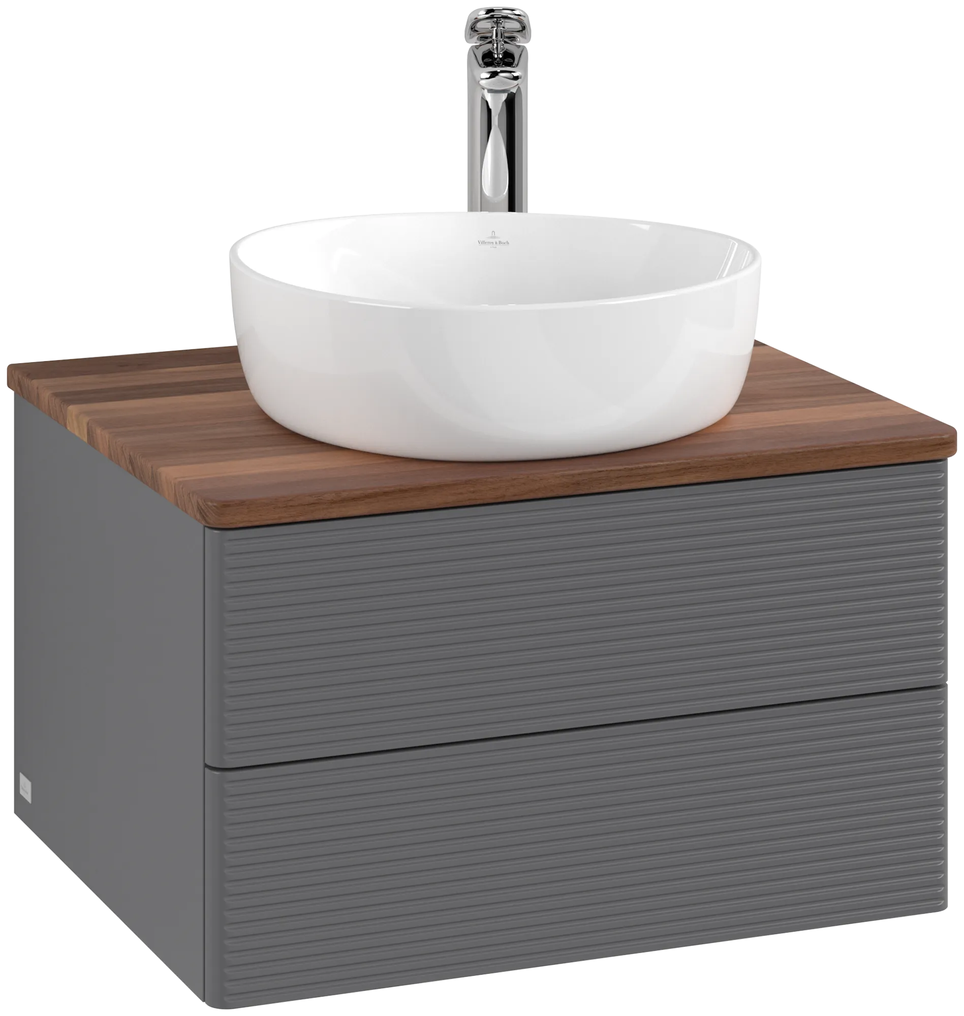 Picture of VILLEROY BOCH Antao Vanity unit, with lighting, 2 pull-out compartments, 600 x 360 x 500 mm, Front with grain texture, Anthracite Matt Lacquer / Warm Walnut #L18152GK