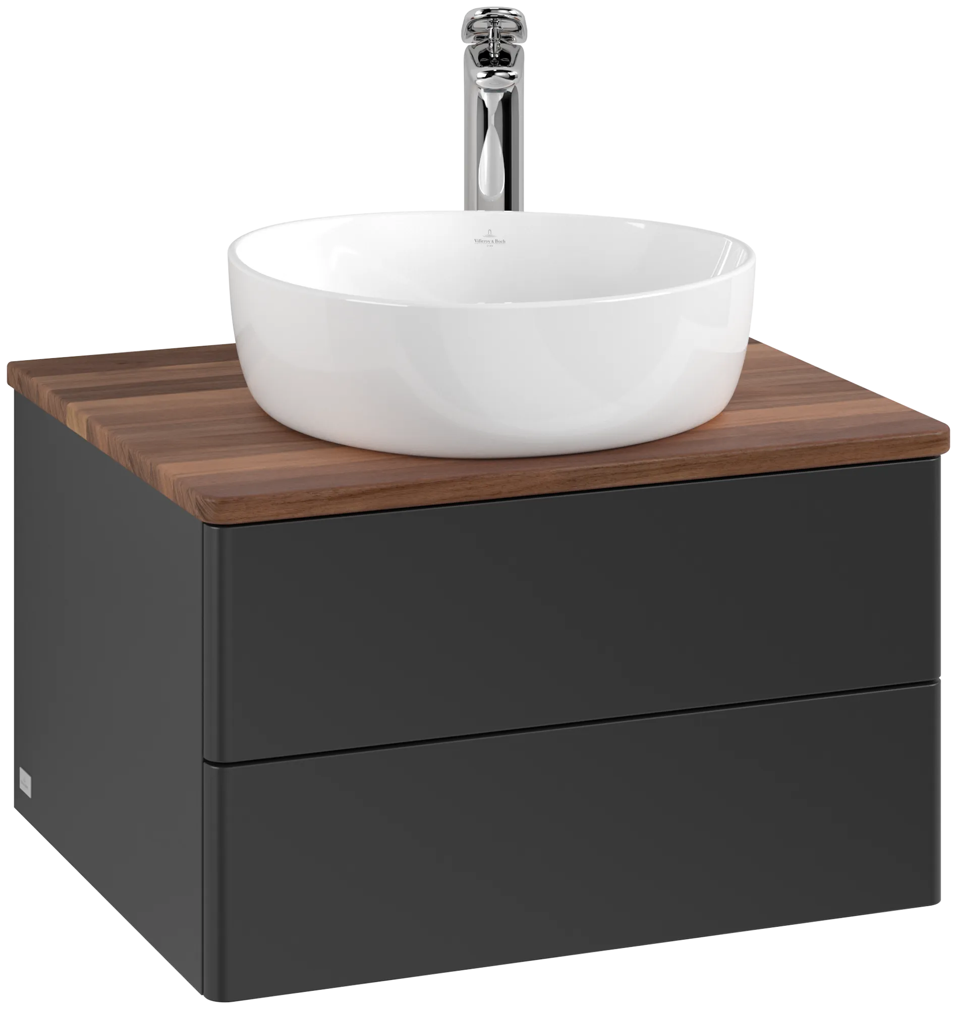 Picture of VILLEROY BOCH Antao Vanity unit, with lighting, 2 pull-out compartments, 600 x 360 x 500 mm, Front without structure, Black Matt Lacquer / Warm Walnut #L18052PD