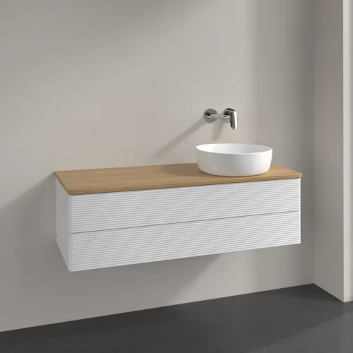 Obrázek VILLEROY BOCH Antao Vanity unit, with lighting, 2 pull-out compartments, 1200 x 360 x 500 mm, Front with grain texture, Glossy White Lacquer / Honey Oak #L23111GF