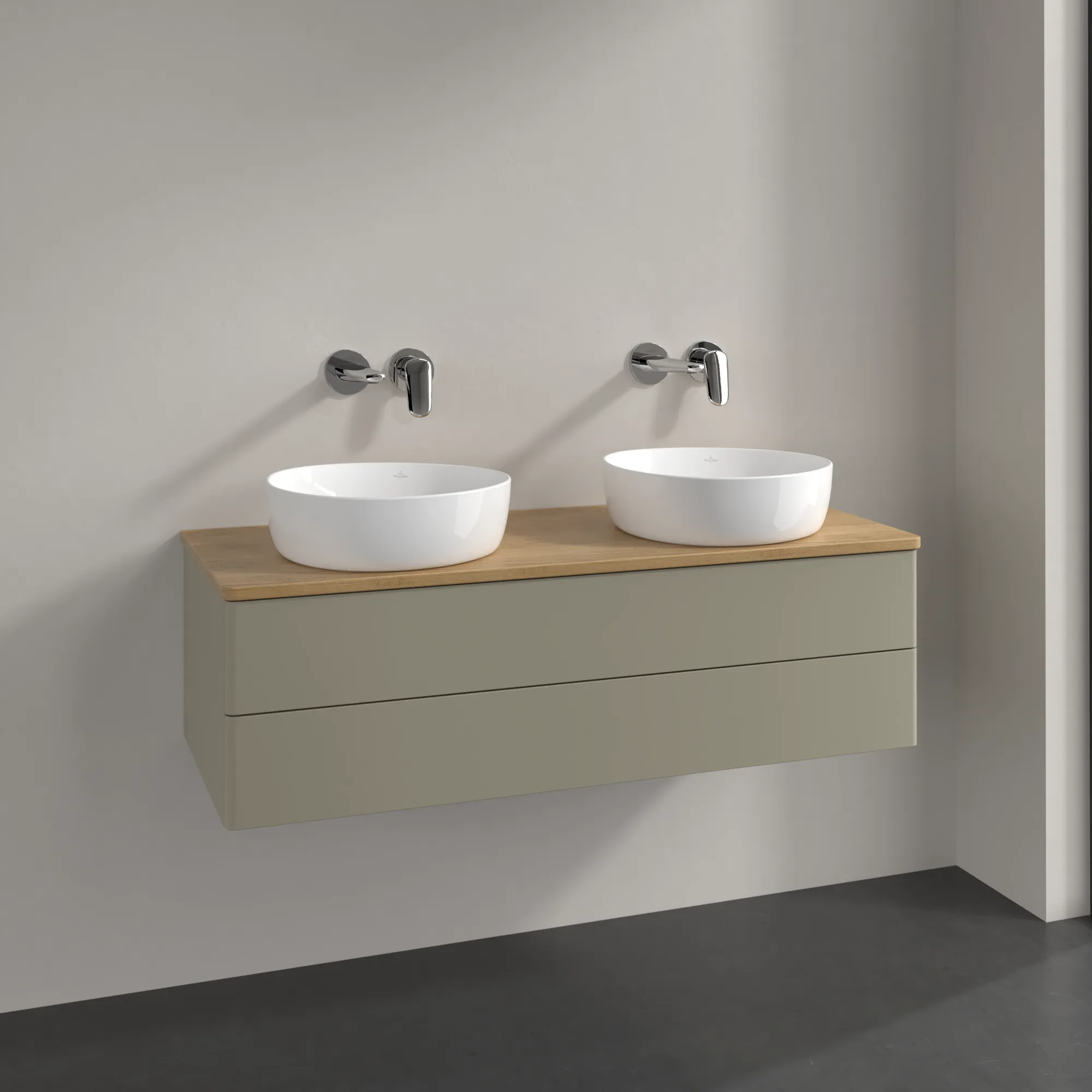 Obrázek VILLEROY BOCH Antao Vanity unit, with lighting, 2 pull-out compartments, 1200 x 360 x 500 mm, Front without structure, Stone Grey Matt Lacquer / Honey Oak #L24011HK