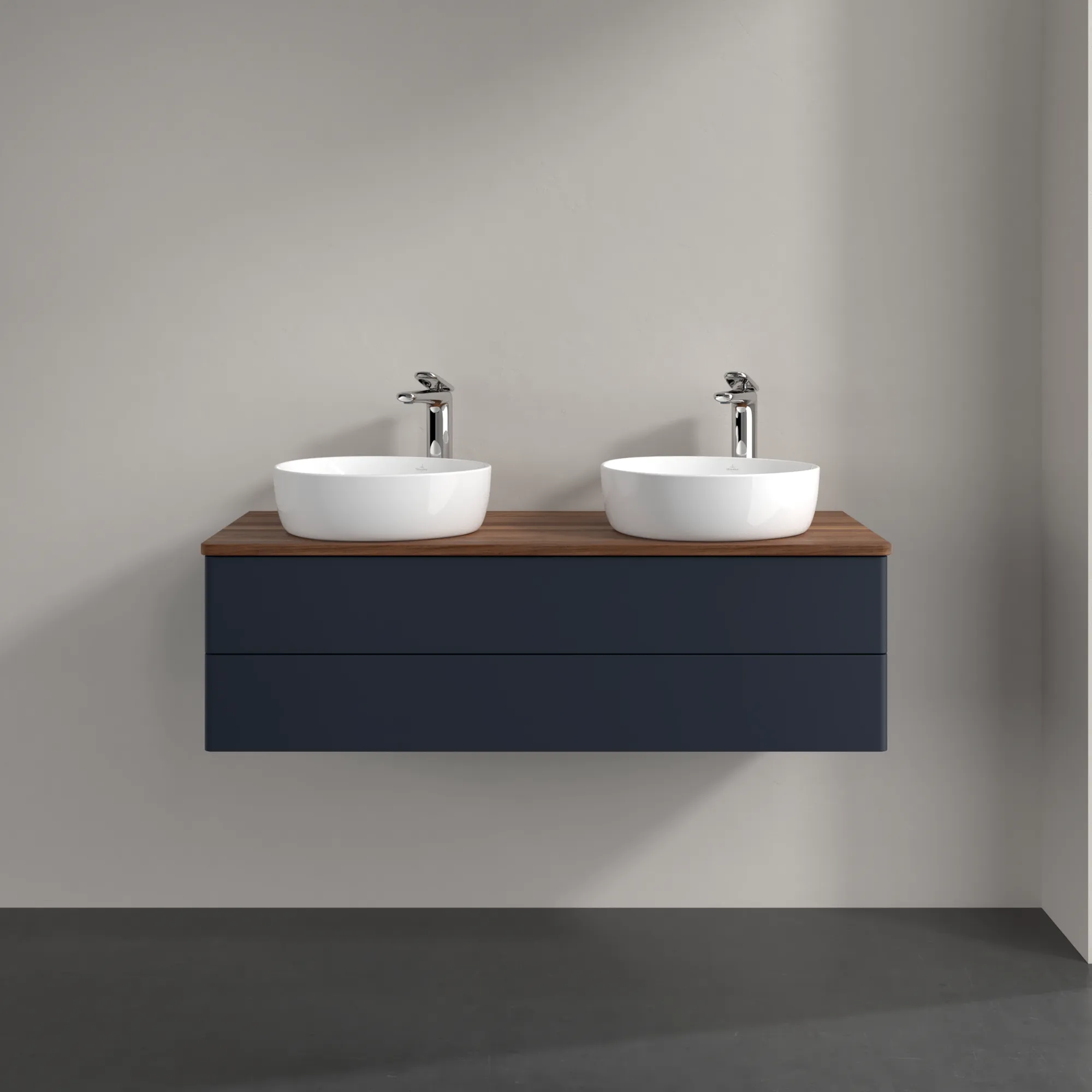 Picture of VILLEROY BOCH Antao Vanity unit, with lighting, 2 pull-out compartments, 1200 x 360 x 500 mm, Front without structure, Midnight Blue Matt Lacquer / Warm Walnut #L24052HG