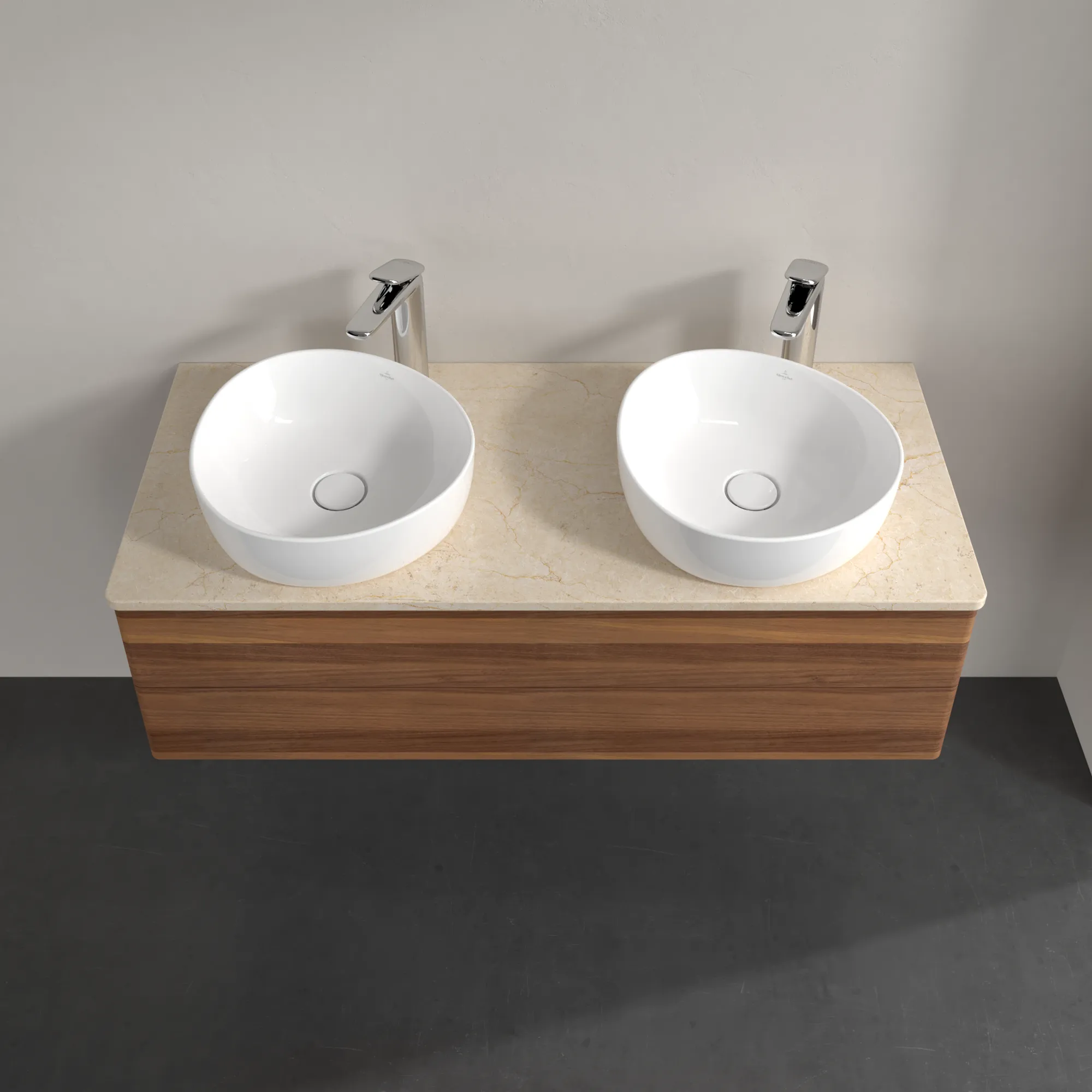 Picture of VILLEROY BOCH Antao Vanity unit, with lighting, 2 pull-out compartments, 1200 x 360 x 500 mm, Front without structure, Warm Walnut / Botticino #L24053HM