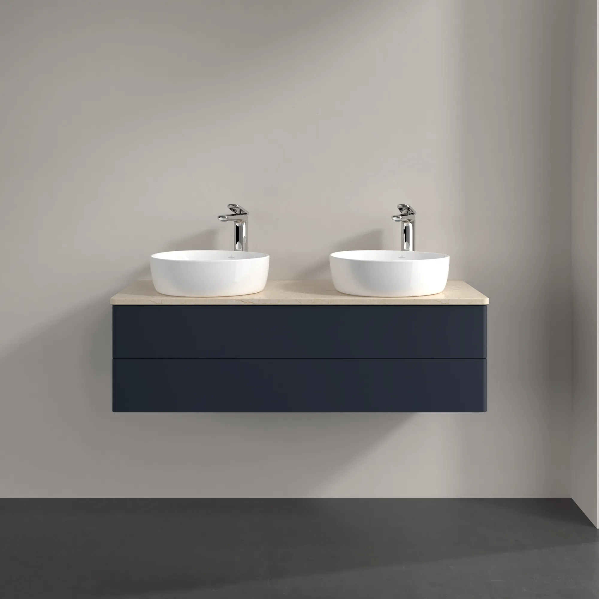 Зображення з  VILLEROY BOCH Antao Vanity unit, with lighting, 2 pull-out compartments, 1200 x 360 x 500 mm, Front without structure, Midnight Blue Matt Lacquer / Botticino #L24053HG