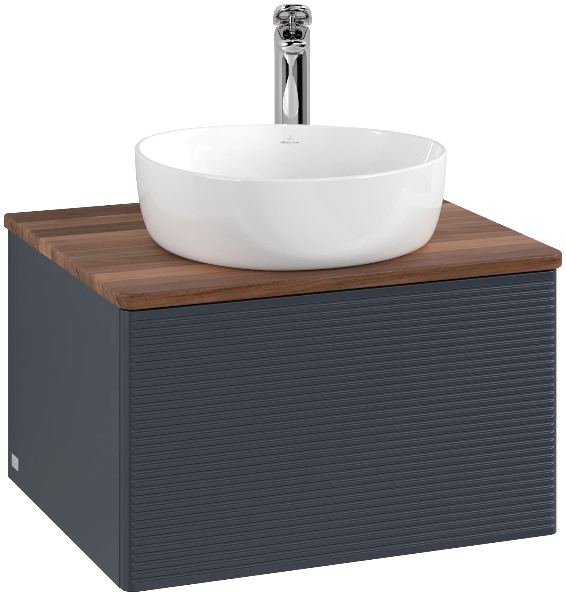 Picture of VILLEROY BOCH Antao Vanity unit, with lighting, 1 pull-out compartment, 600 x 360 x 500 mm, Front with grain texture, Midnight Blue Matt Lacquer / Warm Walnut #L29152HG