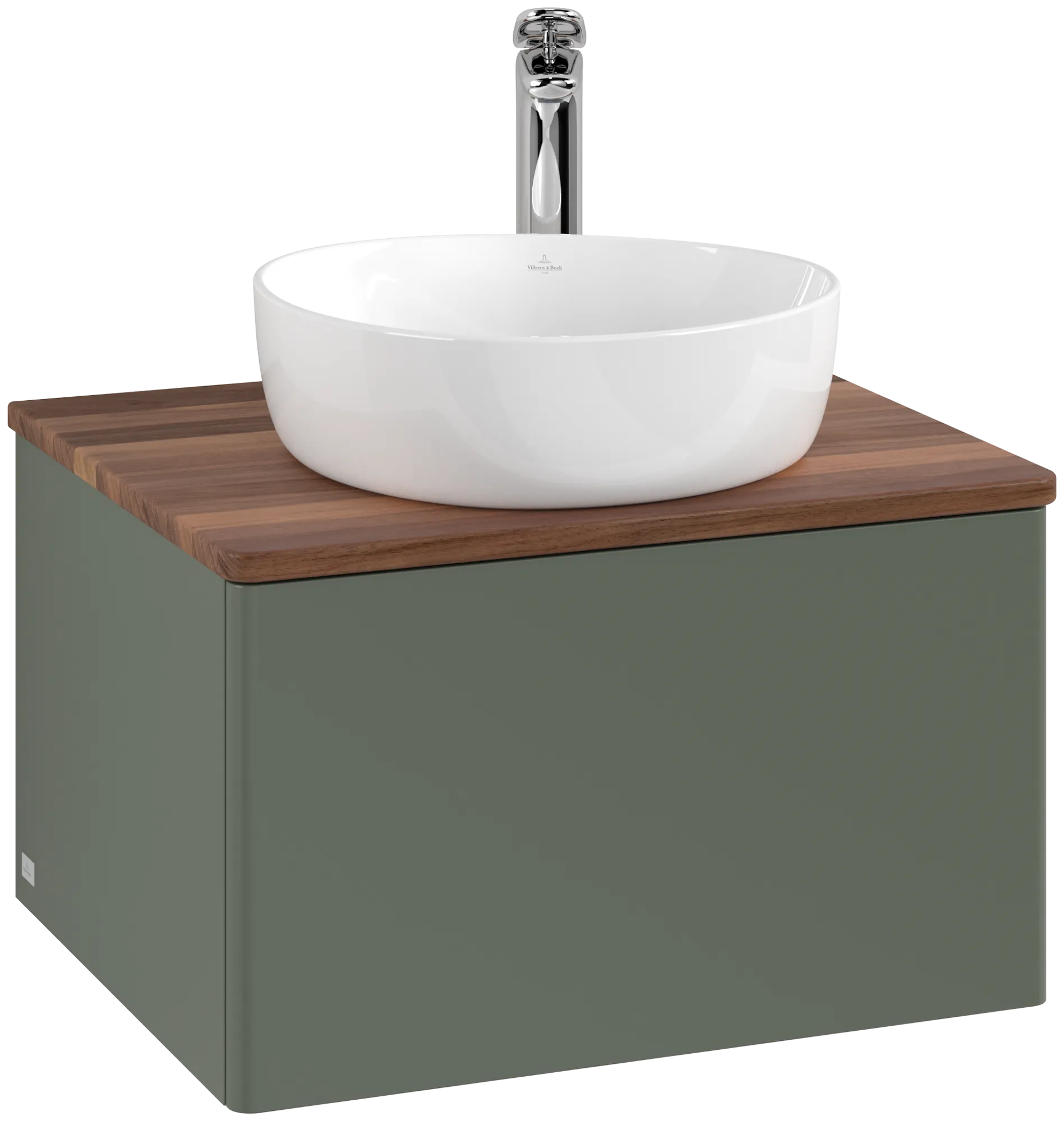 Picture of VILLEROY BOCH Antao Vanity unit, with lighting, 1 pull-out compartment, 600 x 360 x 500 mm, Front without structure, Leaf Green Matt Lacquer / Warm Walnut #L29052HL