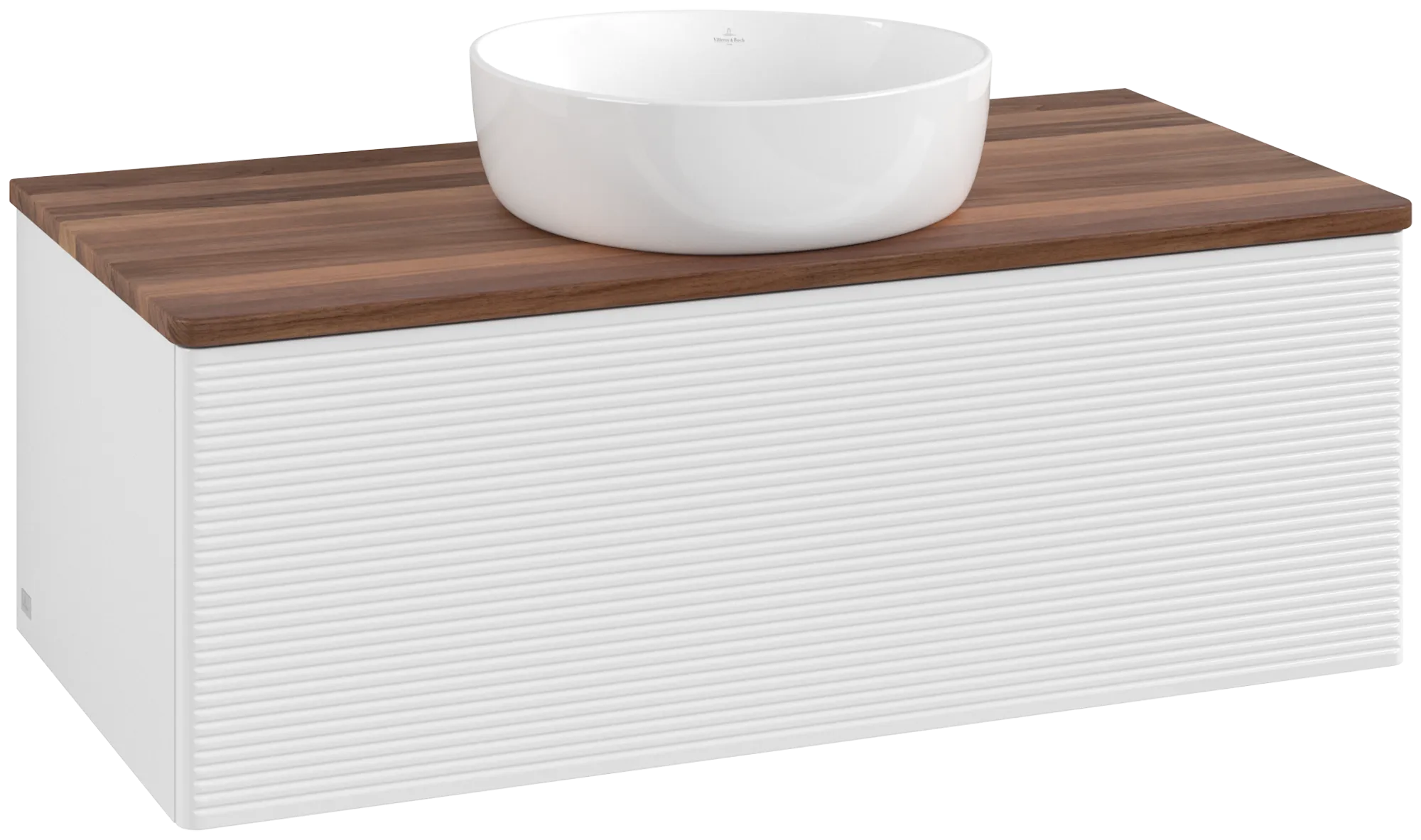 Picture of VILLEROY BOCH Antao Vanity unit, with lighting, 1 pull-out compartment, 1000 x 360 x 500 mm, Front with grain texture, Glossy White Lacquer / Warm Walnut #L31112GF