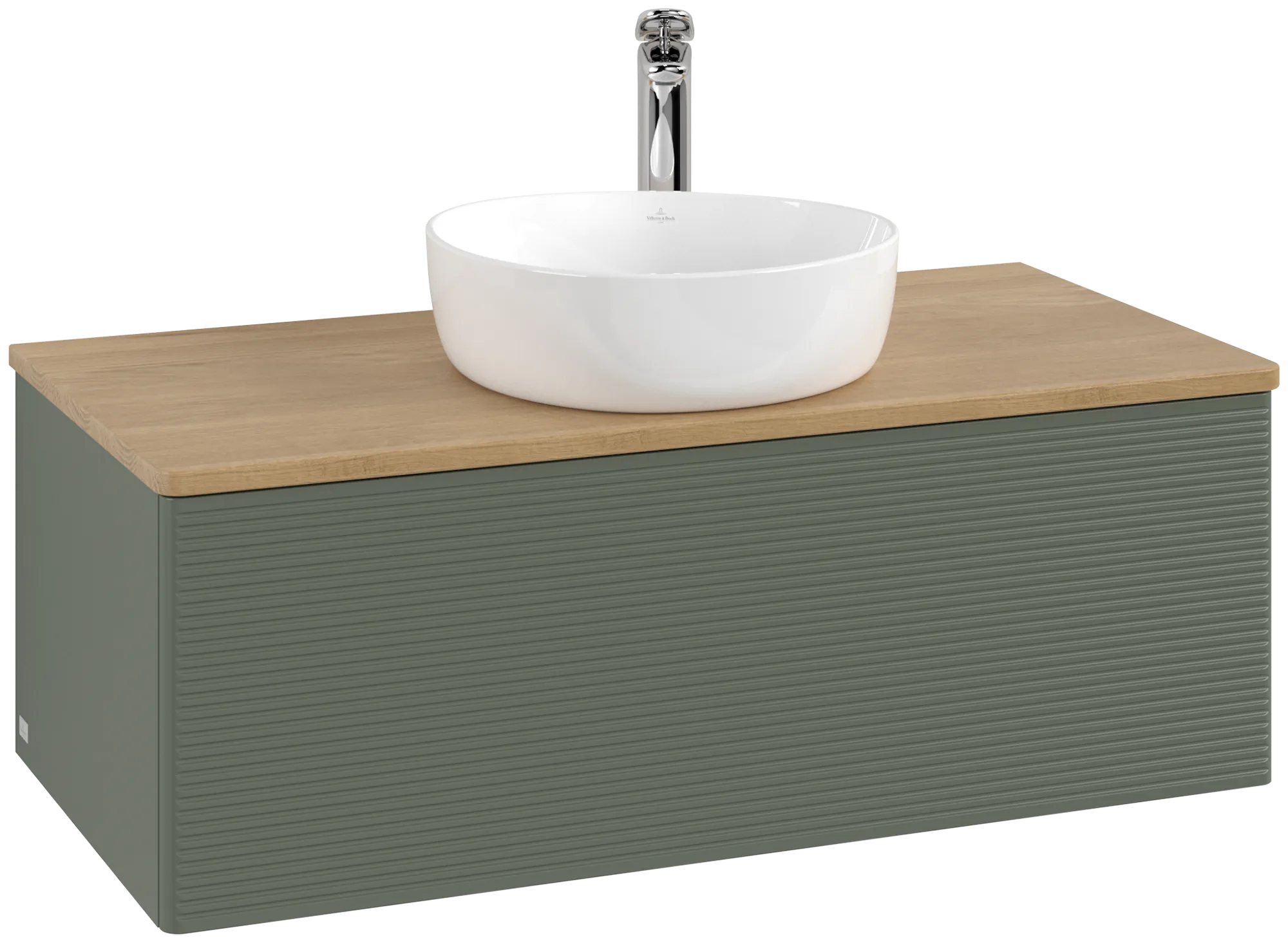 Picture of VILLEROY BOCH Antao Vanity unit, with lighting, 1 pull-out compartment, 1000 x 360 x 500 mm, Front with grain texture, Leaf Green Matt Lacquer / Honey Oak #L31151HL