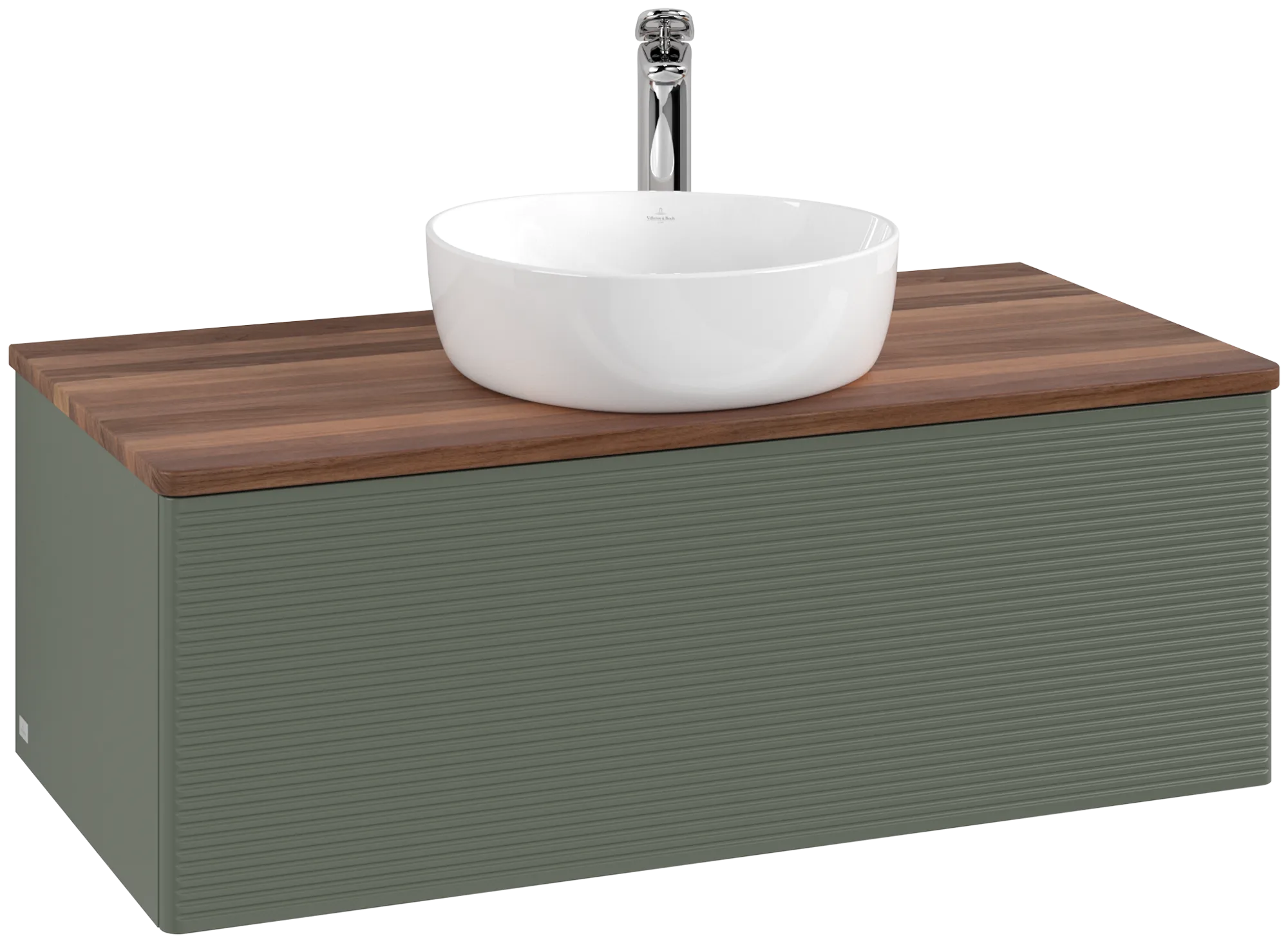 Picture of VILLEROY BOCH Antao Vanity unit, with lighting, 1 pull-out compartment, 1000 x 360 x 500 mm, Front with grain texture, Leaf Green Matt Lacquer / Warm Walnut #L31152HL