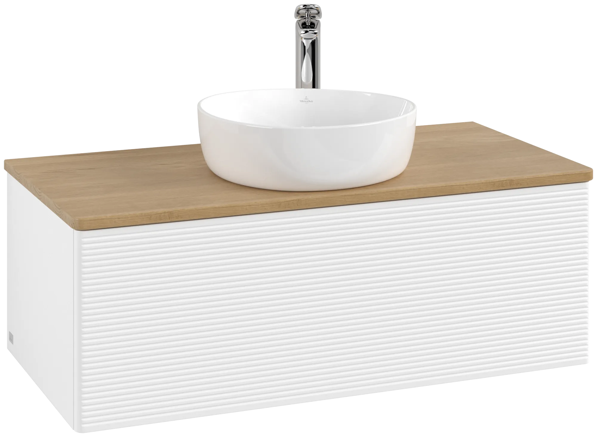 Picture of VILLEROY BOCH Antao Vanity unit, with lighting, 1 pull-out compartment, 1000 x 360 x 500 mm, Front with grain texture, White Matt Lacquer / Honey Oak #L31151MT