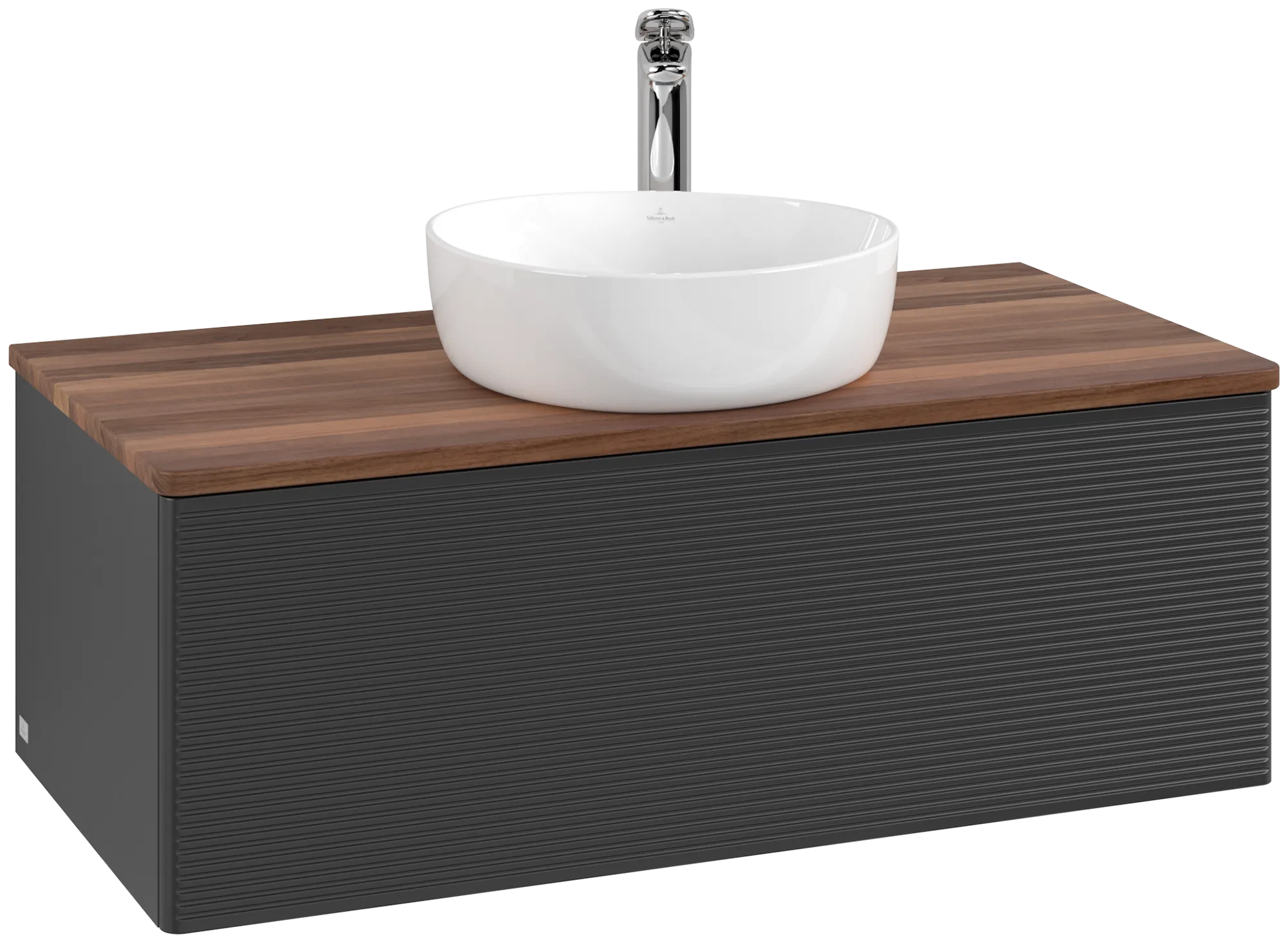 Picture of VILLEROY BOCH Antao Vanity unit, with lighting, 1 pull-out compartment, 1000 x 360 x 500 mm, Front with grain texture, Black Matt Lacquer / Warm Walnut #L31152PD